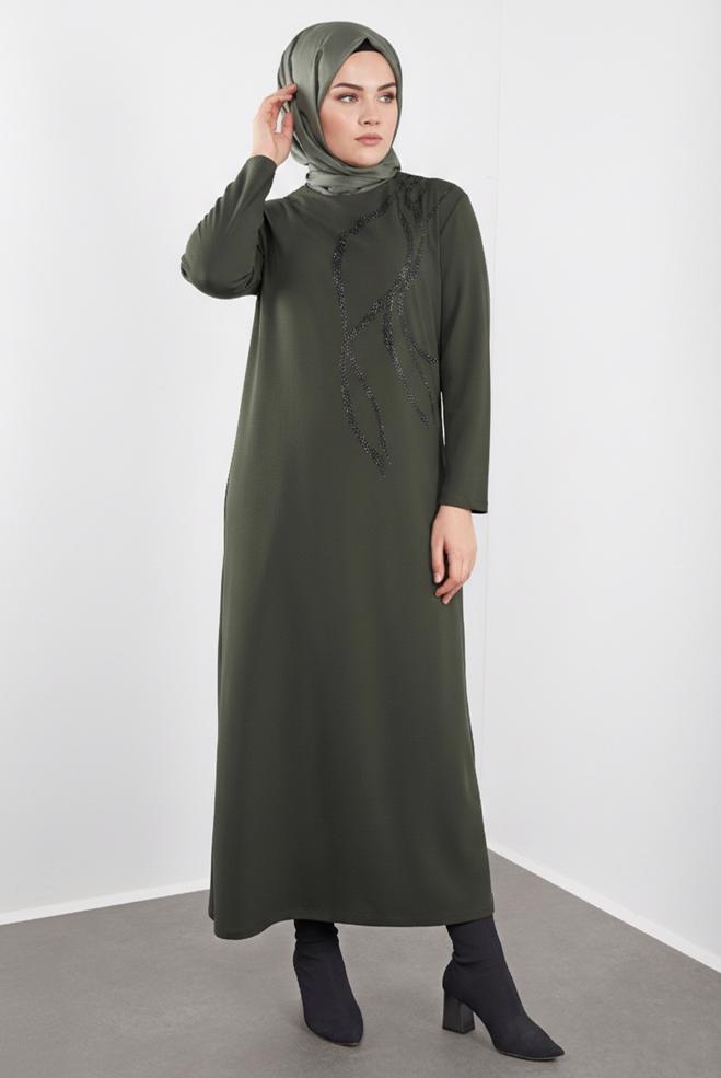 Hijab clothing KHAKI EMBELLISHED DRESS 20119 - ALVİNA