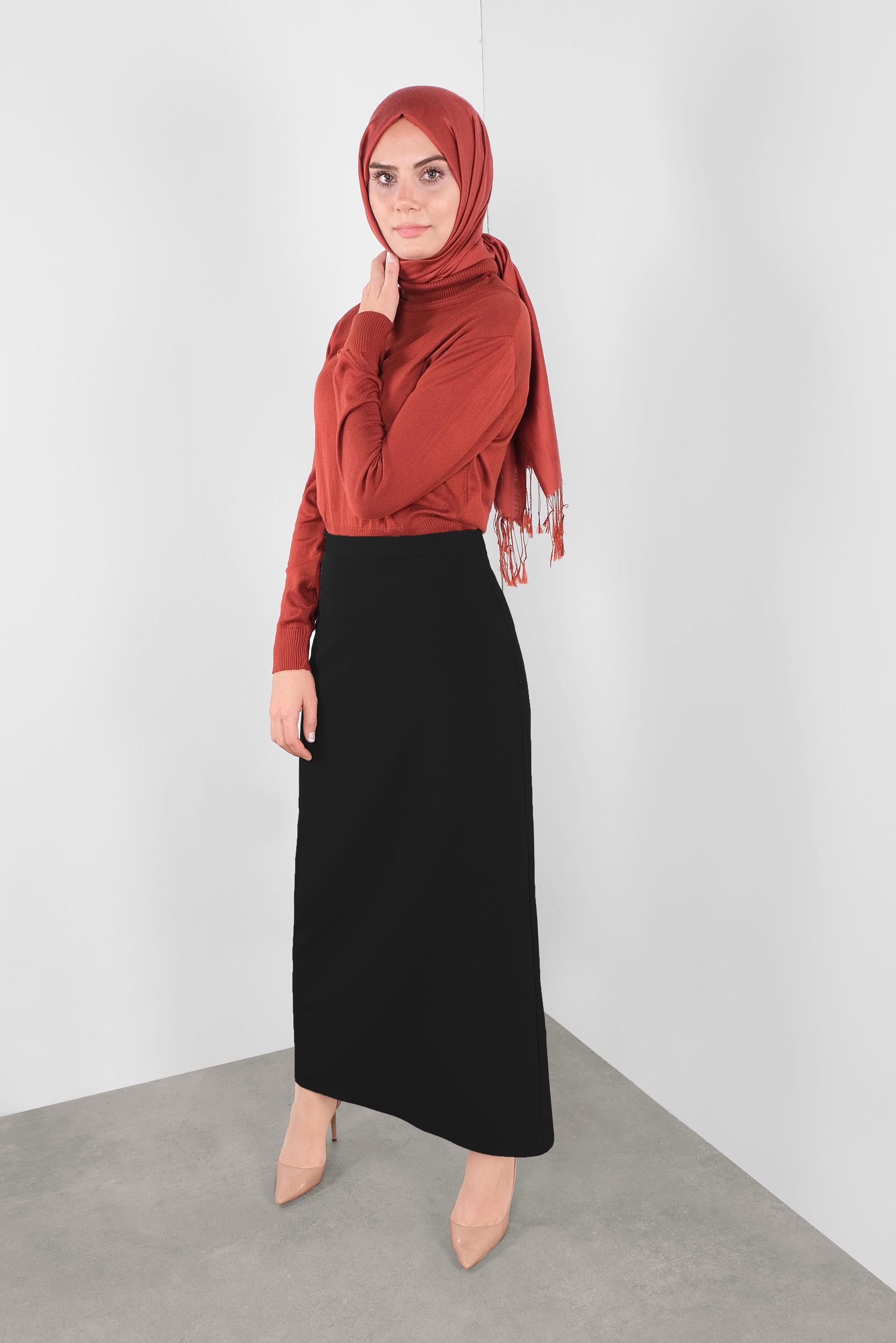 Tesettür giyim SİYAH GİZLİ YIRTMAÇLI YÜKSEK BEL ETEK 60131 