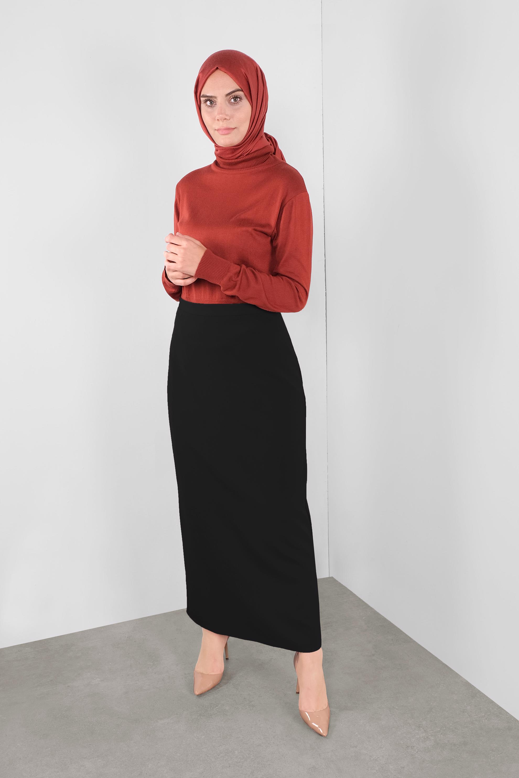 Tesettür giyim SİYAH GİZLİ YIRTMAÇLI YÜKSEK BEL ETEK 60131 