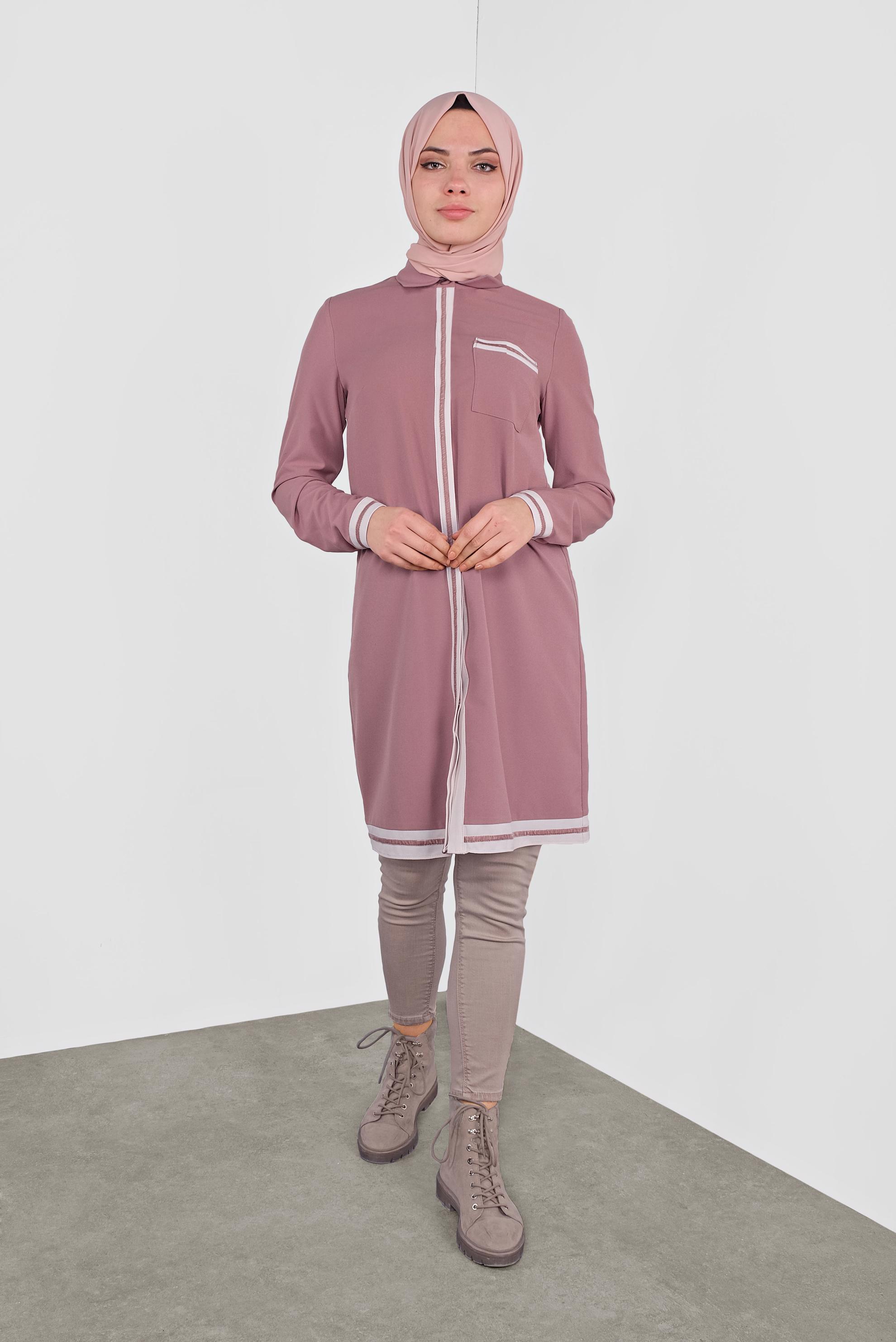Tesettür giyim PEMBE ŞERİT DETAYLI TUNİK 41125 