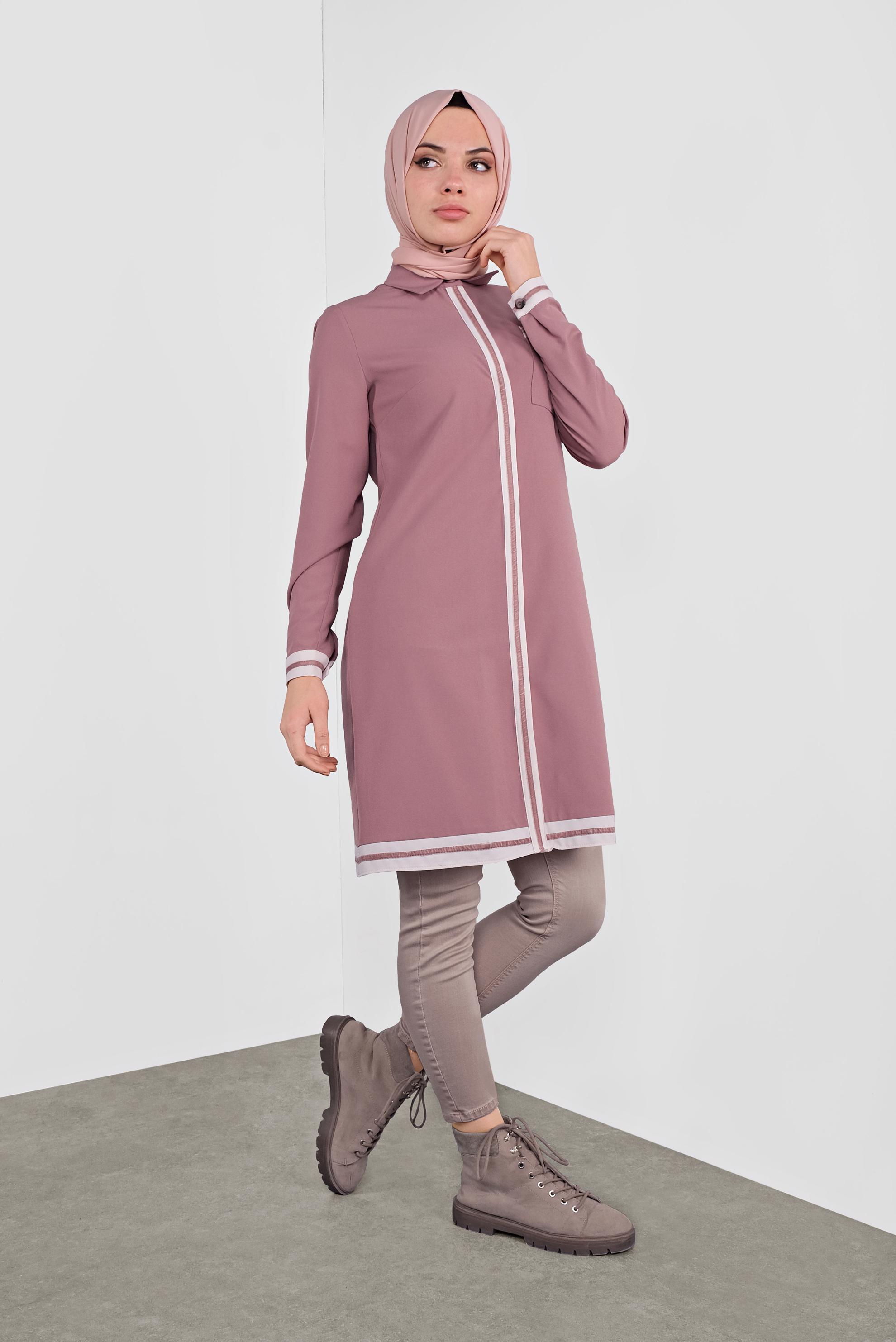Tesettür giyim PEMBE ŞERİT DETAYLI TUNİK 41125 