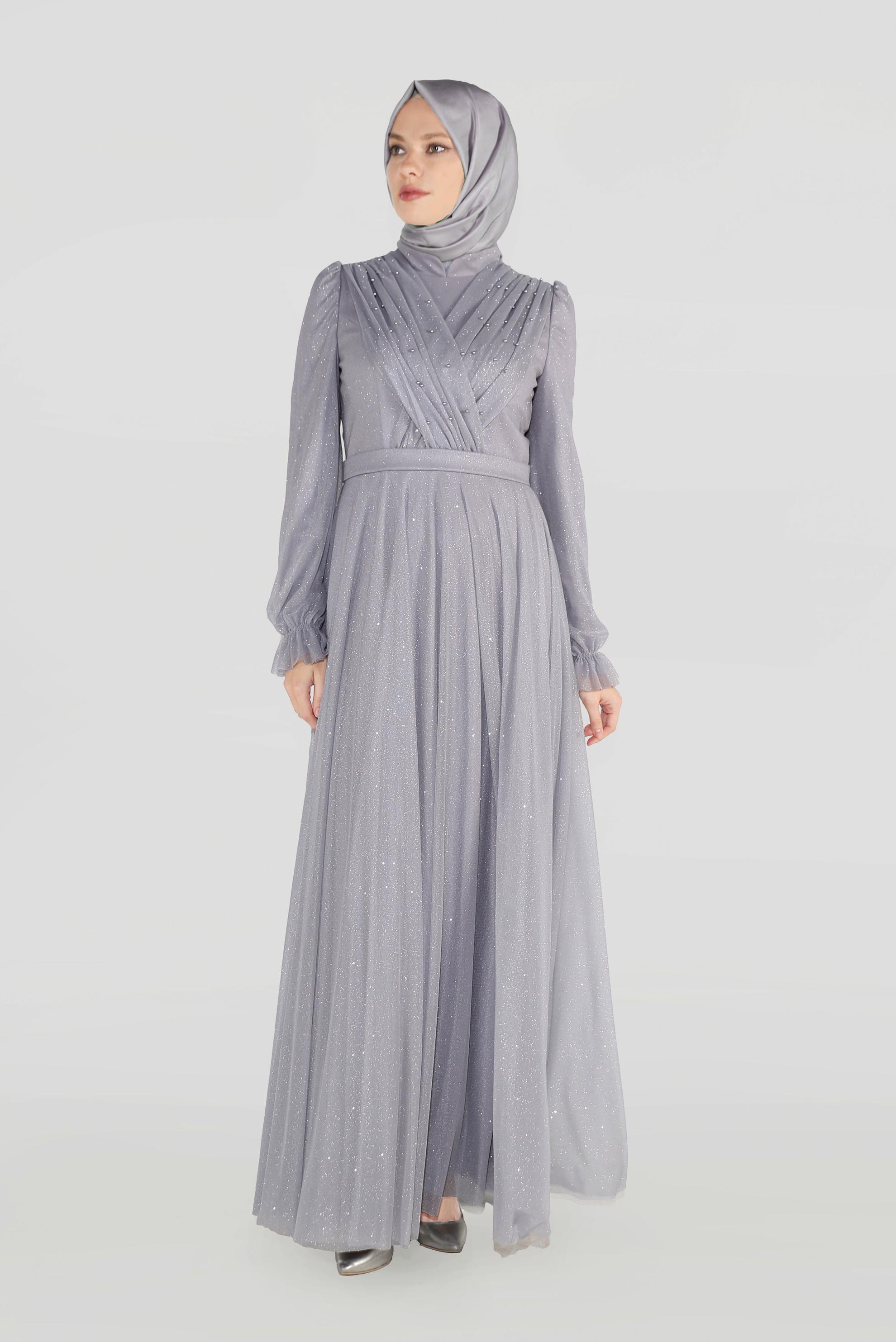 Hijab clothing GREY FRONTAL CROSSOVER BEADED GLITTERY HIGH-WAIST NIGHTDRESS 50073