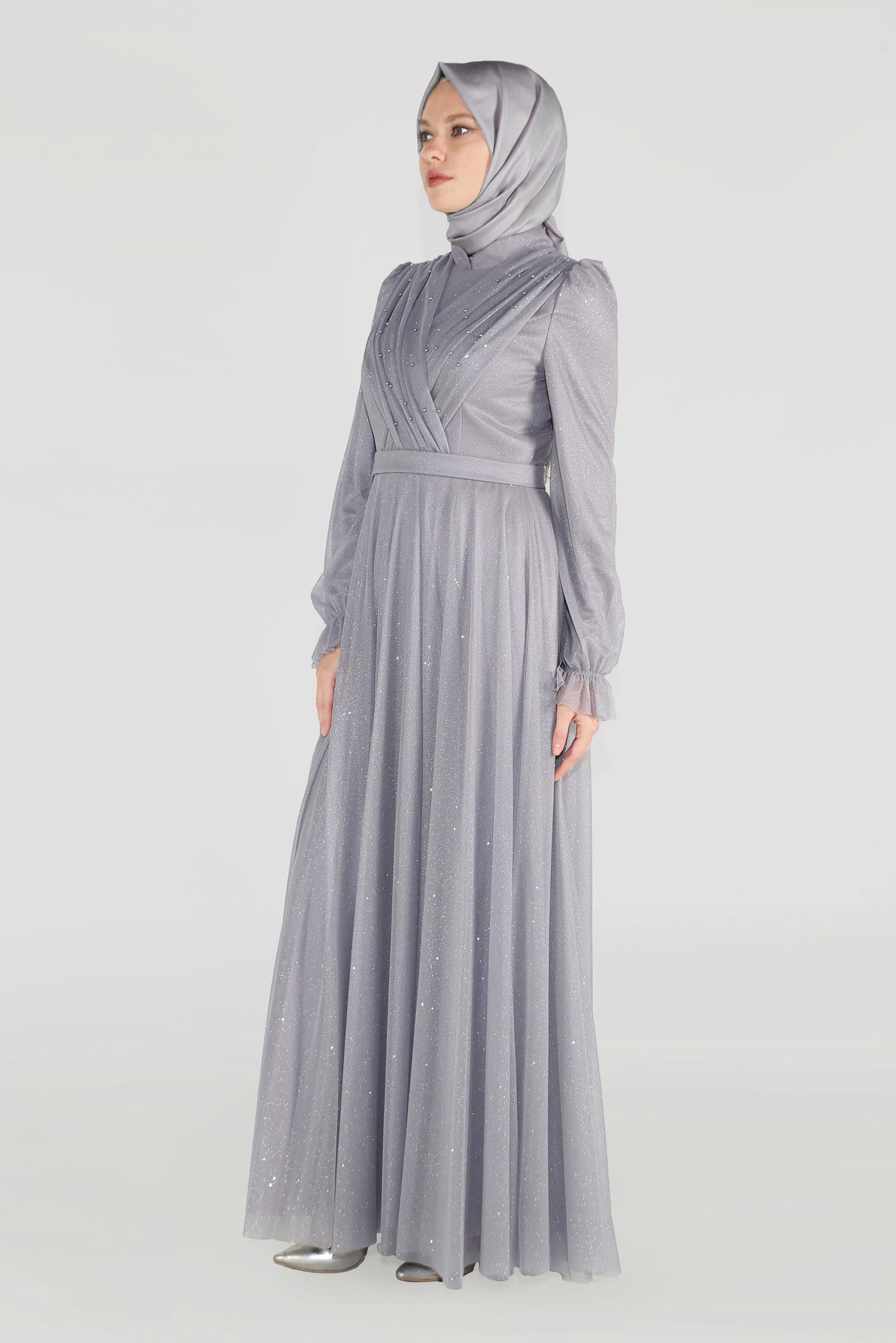Hijab clothing GREY FRONTAL CROSSOVER BEADED GLITTERY HIGH-WAIST NIGHTDRESS 50073
