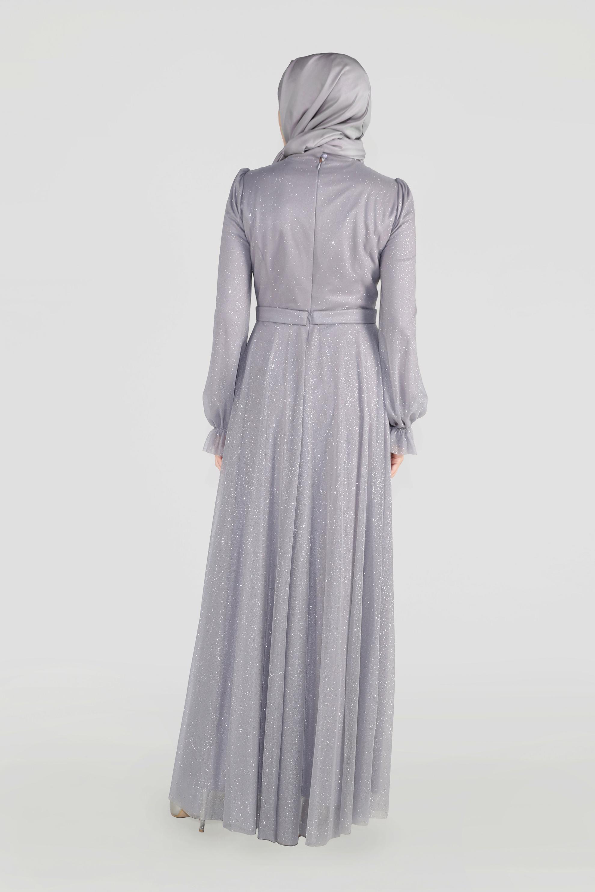 Hijab clothing GREY FRONTAL CROSSOVER BEADED GLITTERY HIGH-WAIST NIGHTDRESS 50073