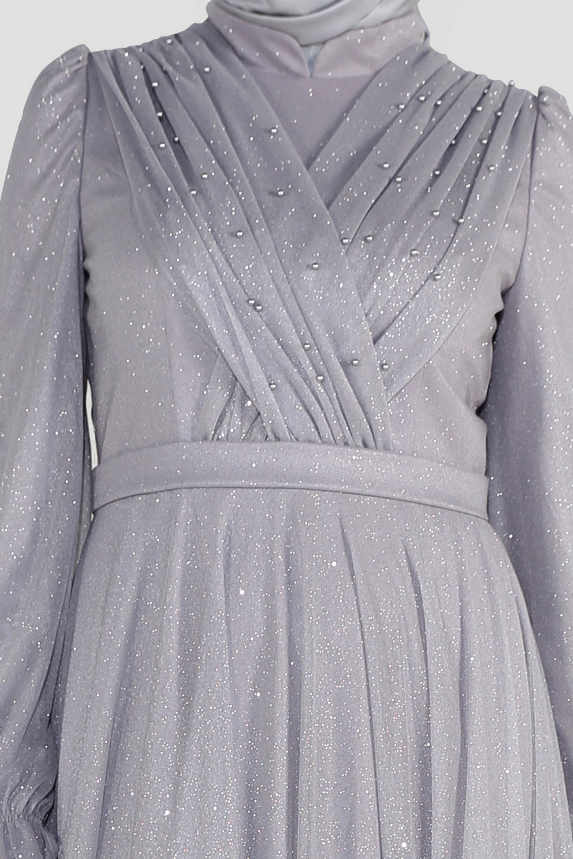 Hijab clothing GREY FRONTAL CROSSOVER BEADED GLITTERY HIGH-WAIST NIGHTDRESS 50073