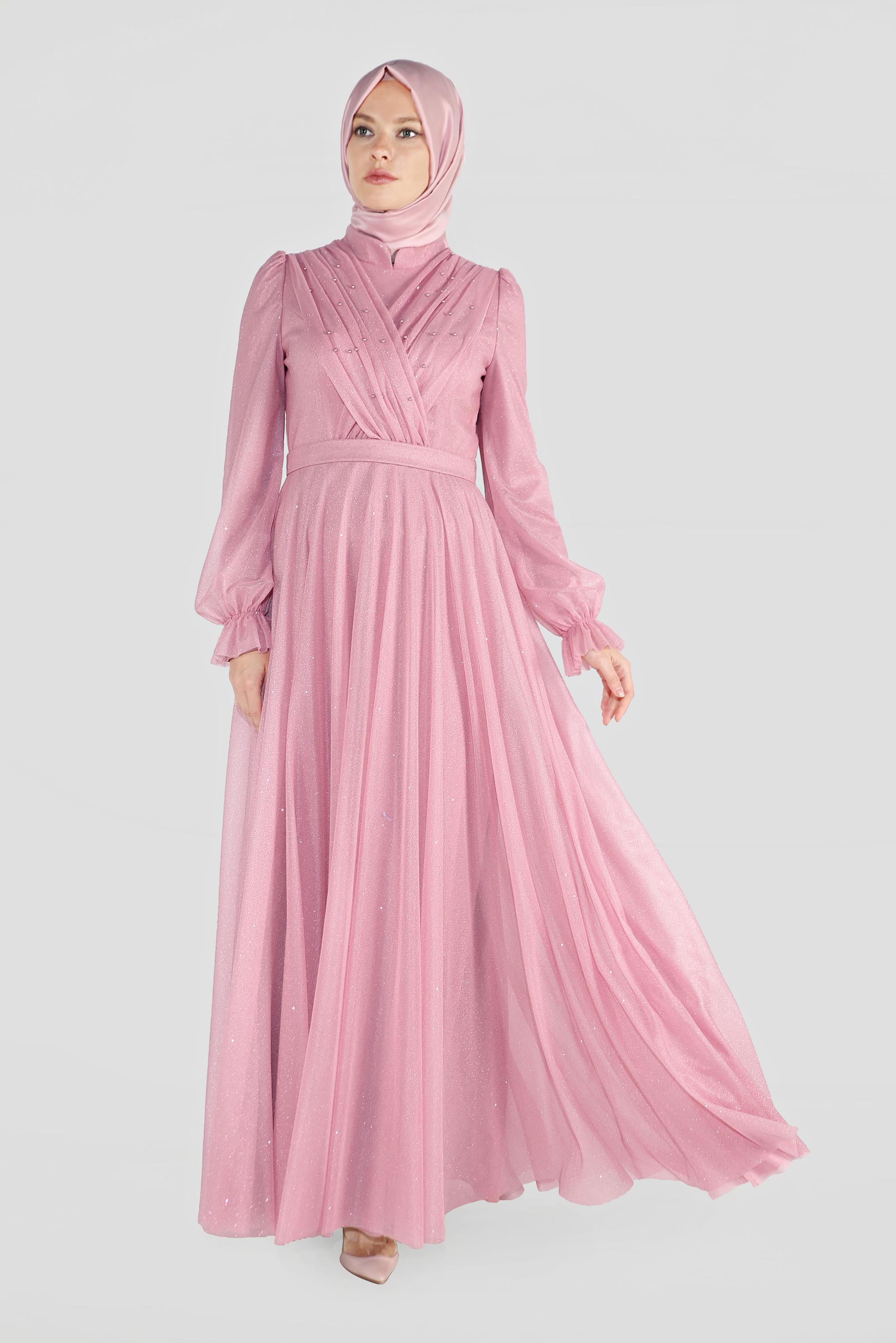 Hijab clothing POWDER FRONTAL CROSSOVER BEADED GLITTERY HIGH-WAIST NIGHTDRESS 50073