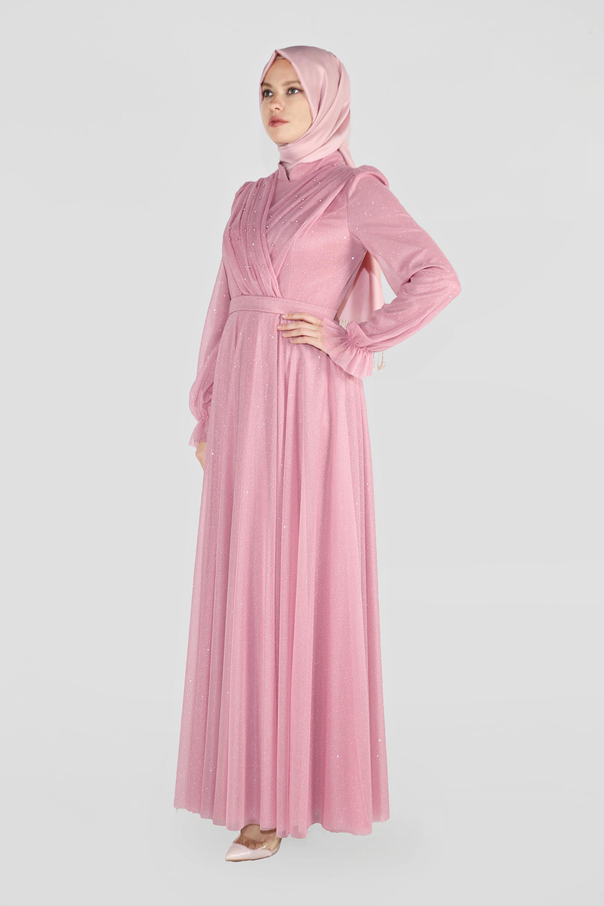 Hijab clothing POWDER FRONTAL CROSSOVER BEADED GLITTERY HIGH-WAIST NIGHTDRESS 50073