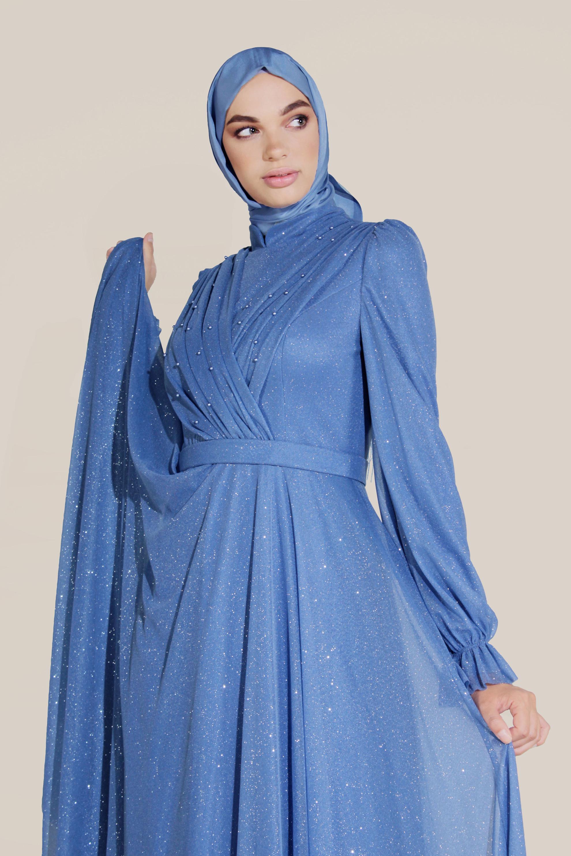 Hijab clothing BLUE FRONTAL CROSSOVER BEADED GLITTERY HIGH-WAIST NIGHTDRESS 50073