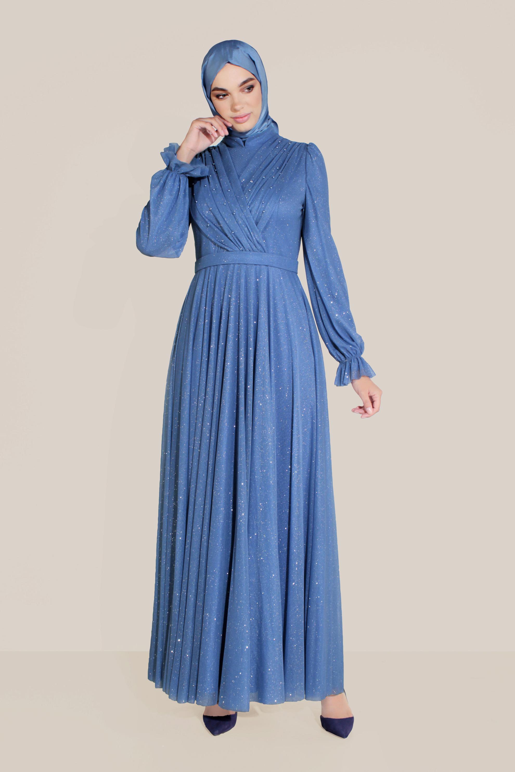 Hijab clothing BLUE FRONTAL CROSSOVER BEADED GLITTERY HIGH-WAIST NIGHTDRESS 50073