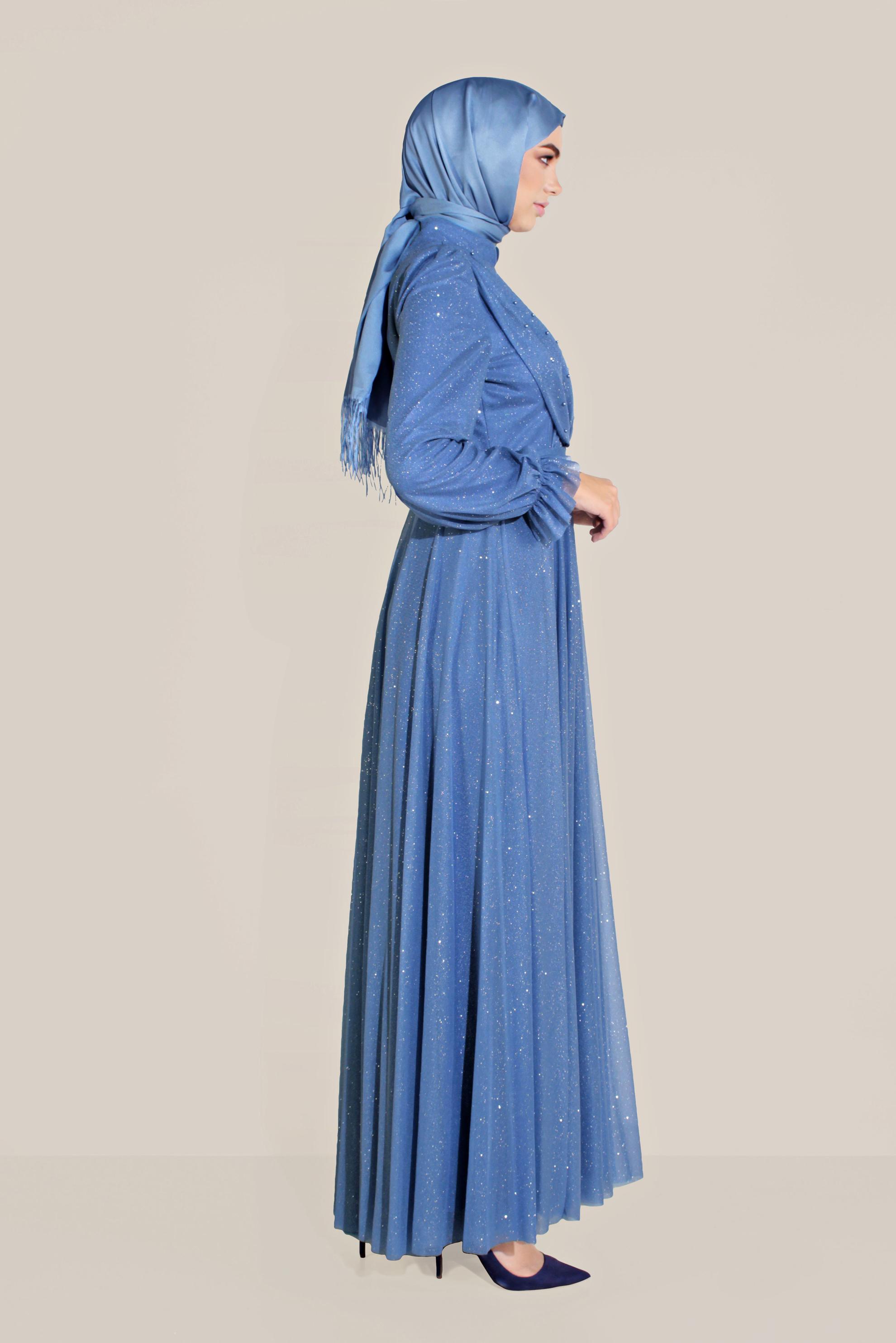 Hijab clothing BLUE FRONTAL CROSSOVER BEADED GLITTERY HIGH-WAIST NIGHTDRESS 50073