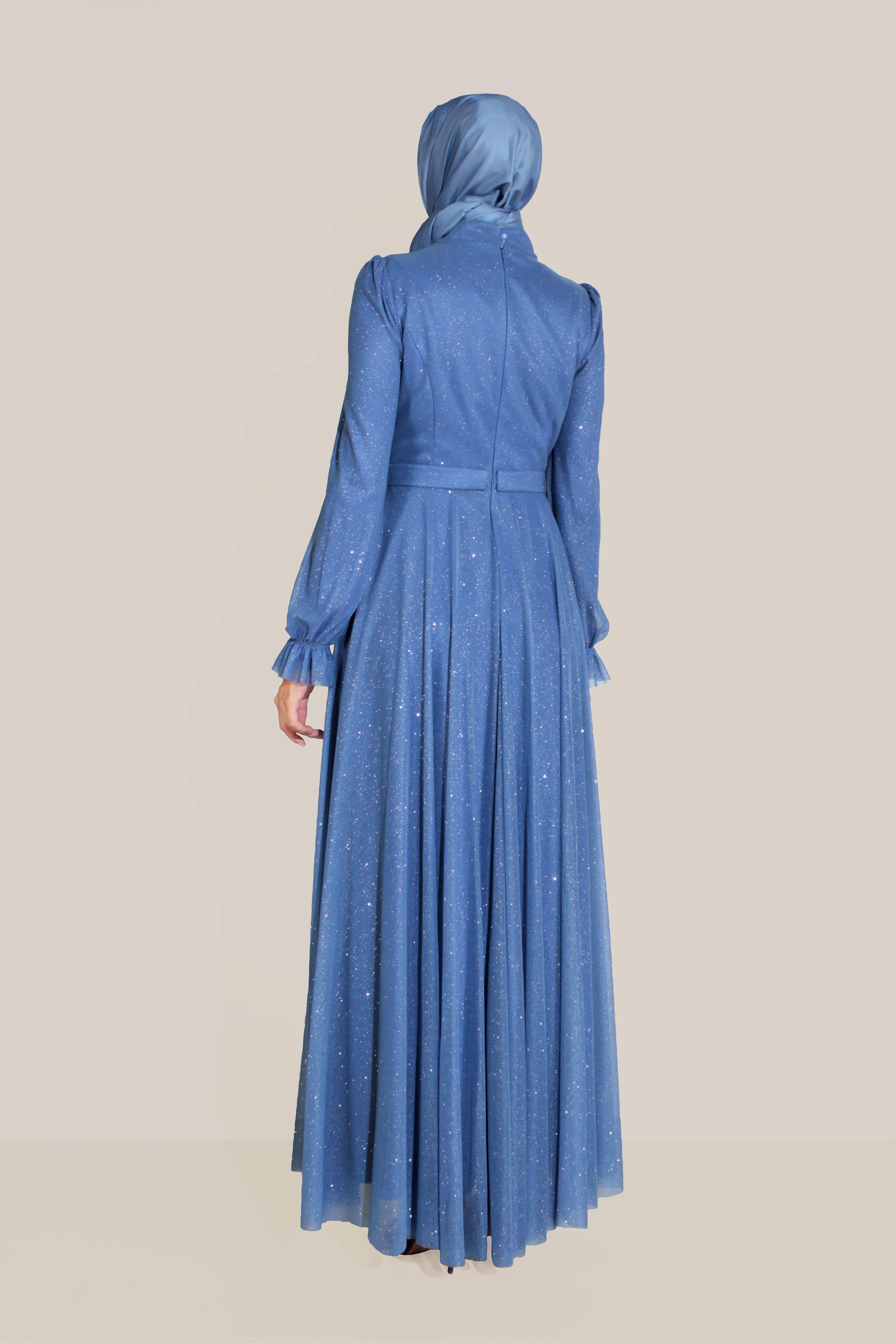 Hijab clothing BLUE FRONTAL CROSSOVER BEADED GLITTERY HIGH-WAIST NIGHTDRESS 50073