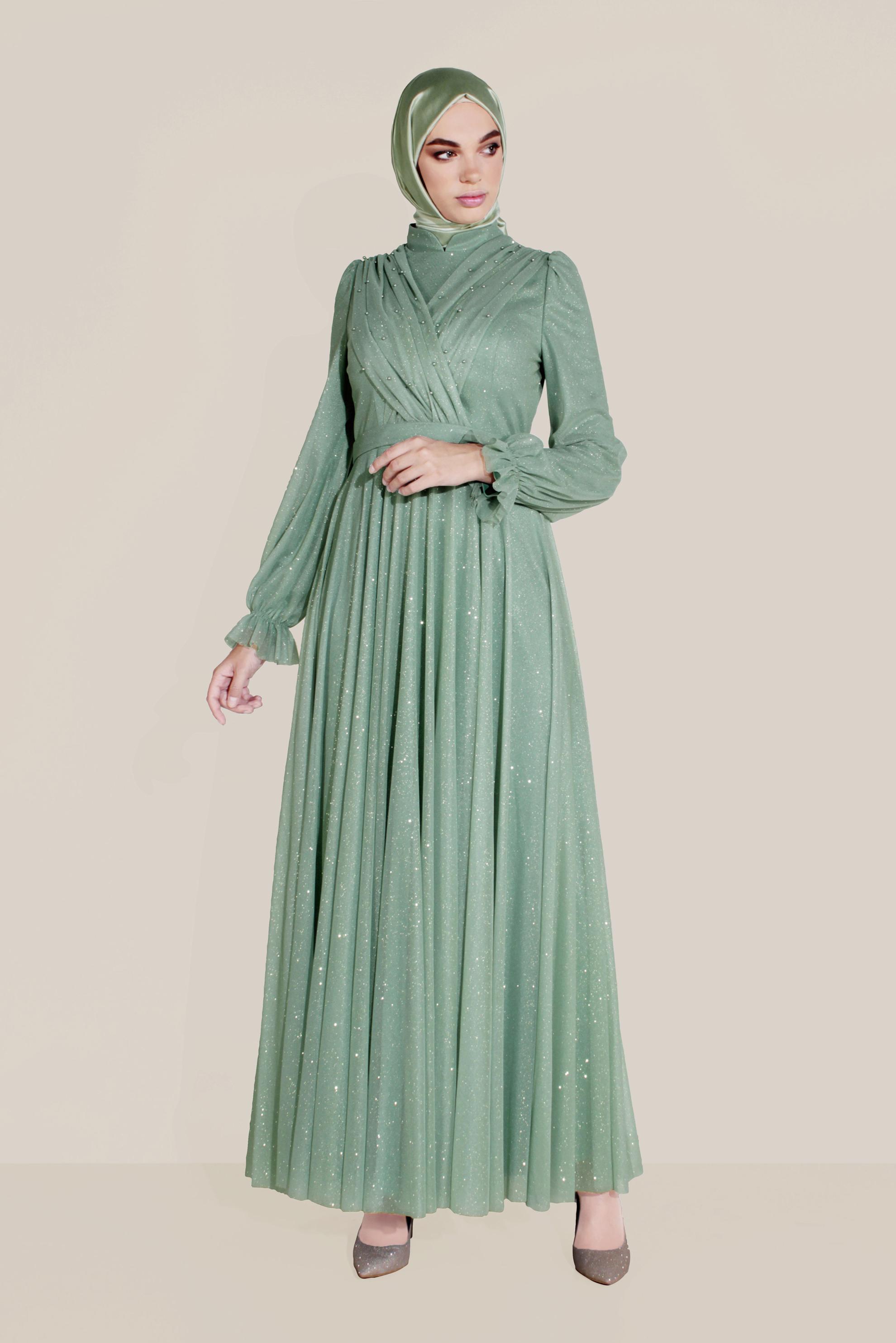 Tesettür giyim YEŞİL ÖNÜ BONCUKLU ÇAPRAZ SİMLİ YÜKSEK BEL ABİYE 50073