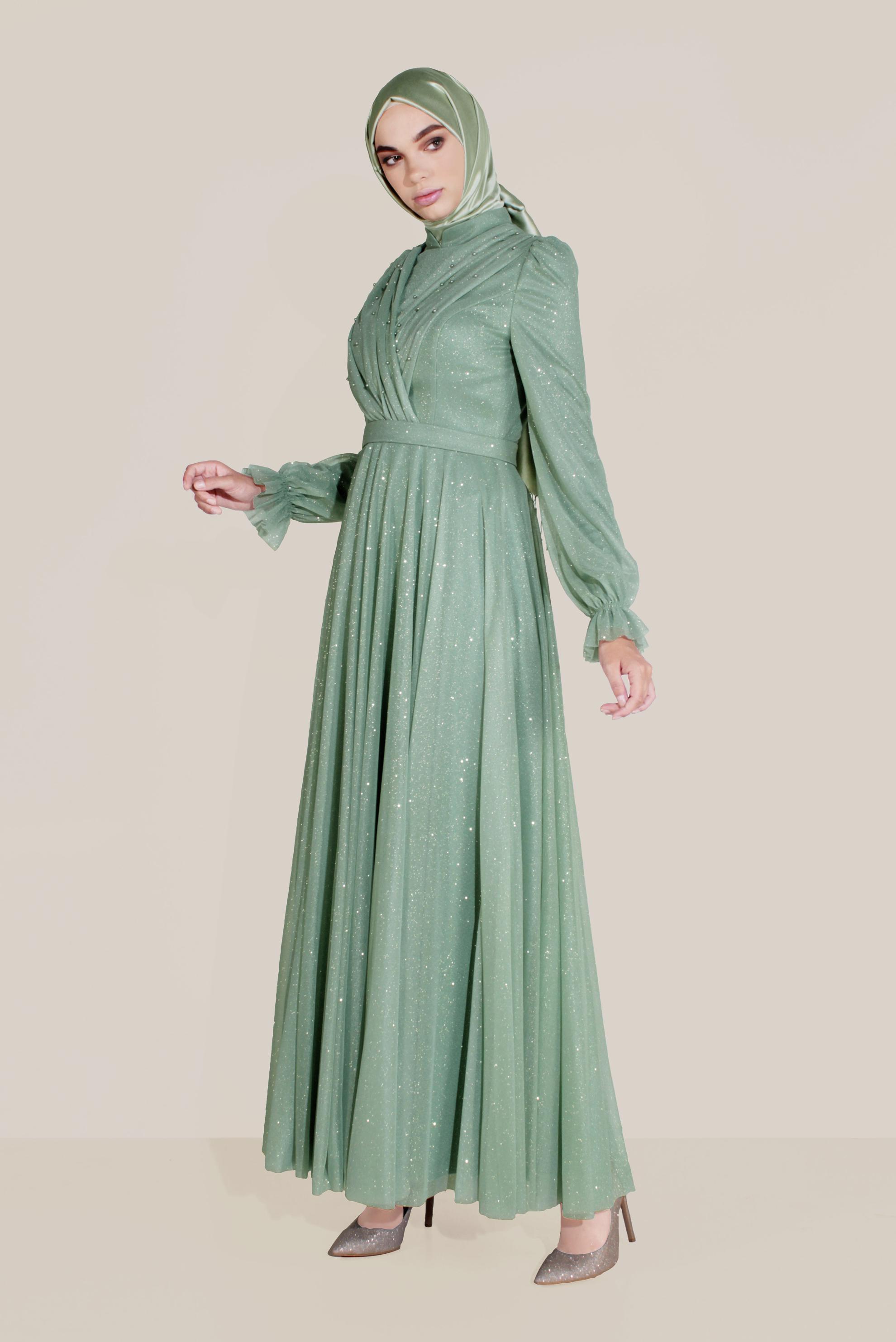 Tesettür giyim YEŞİL ÖNÜ BONCUKLU ÇAPRAZ SİMLİ YÜKSEK BEL ABİYE 50073