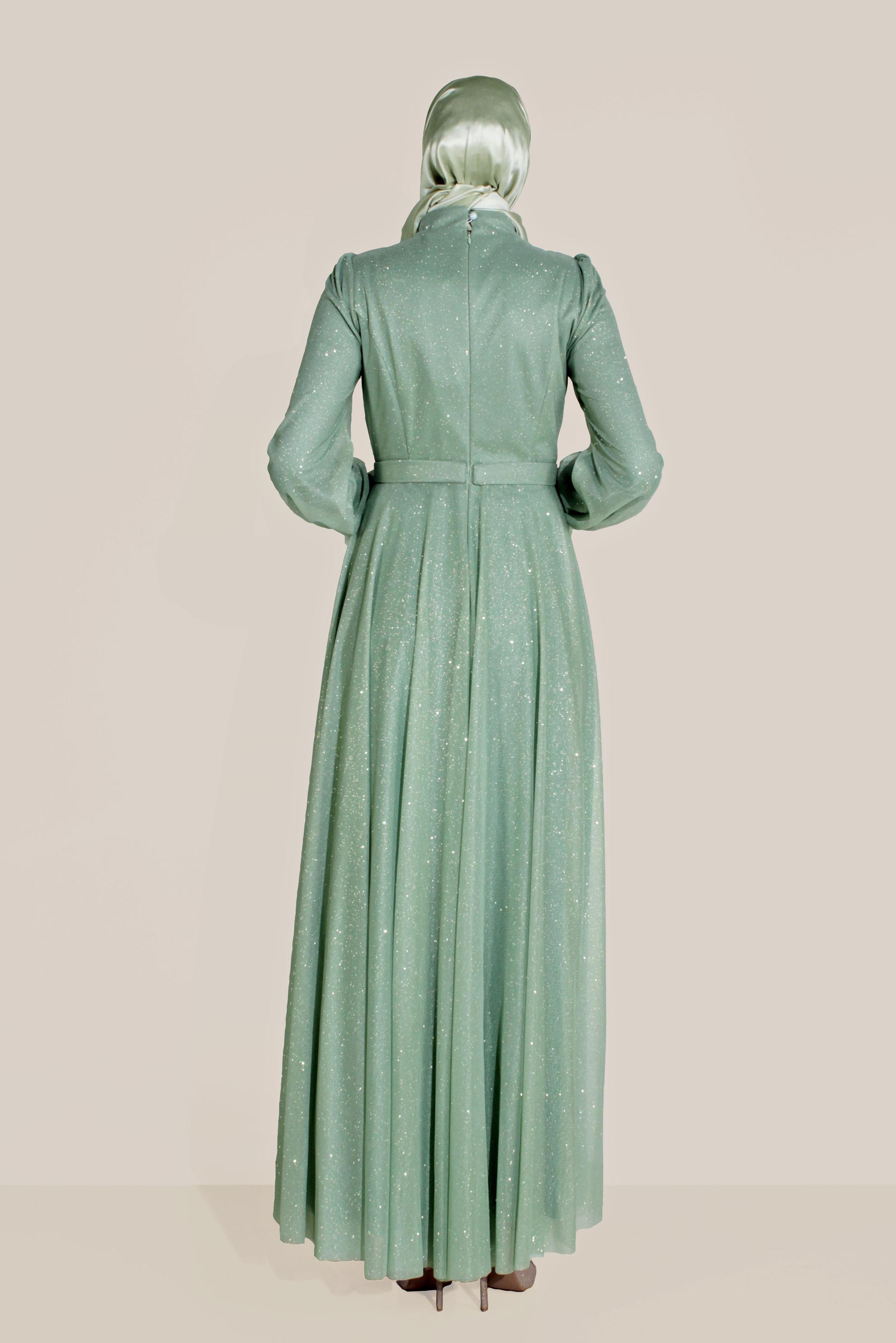 Tesettür giyim YEŞİL ÖNÜ BONCUKLU ÇAPRAZ SİMLİ YÜKSEK BEL ABİYE 50073