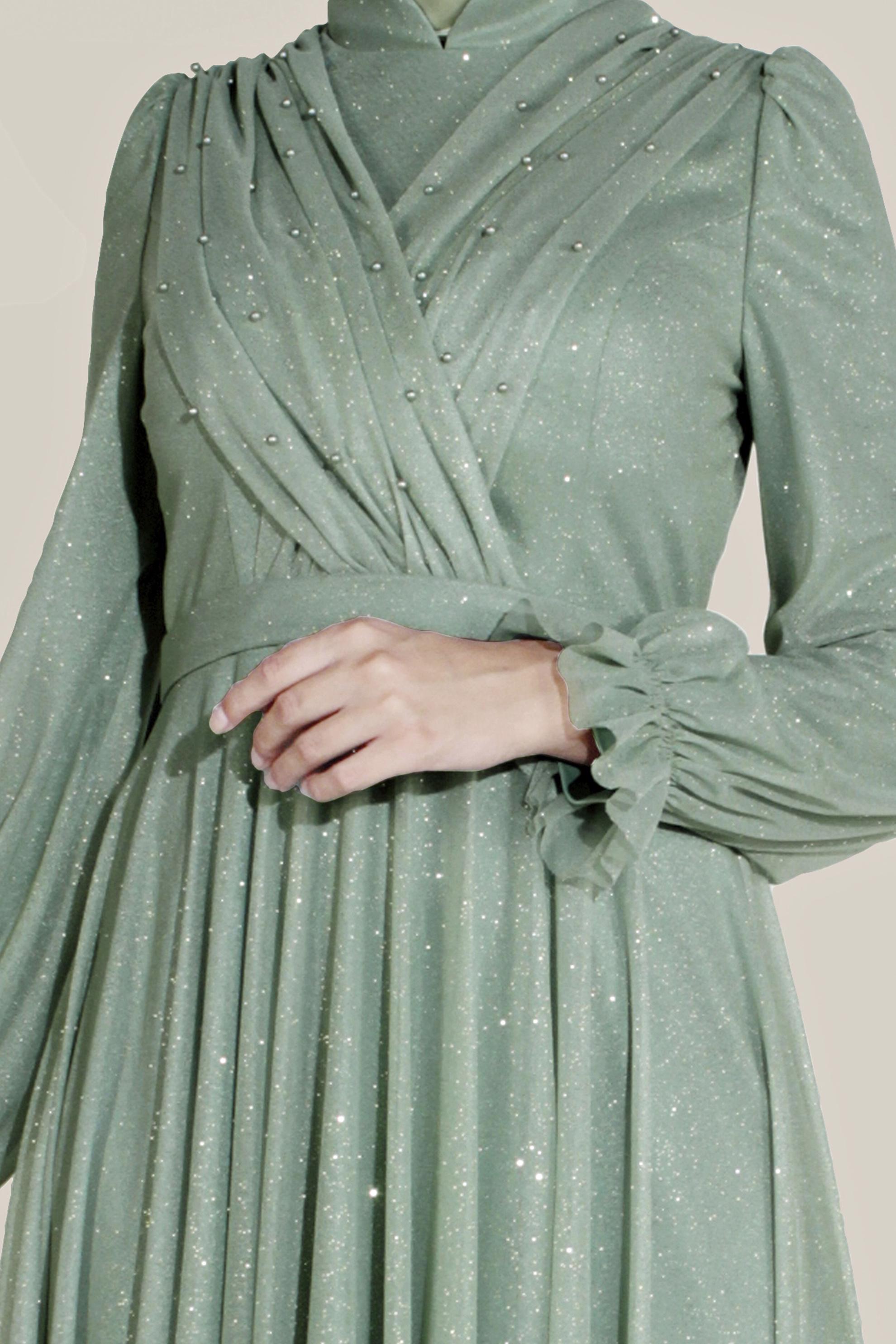 Tesettür giyim YEŞİL ÖNÜ BONCUKLU ÇAPRAZ SİMLİ YÜKSEK BEL ABİYE 50073