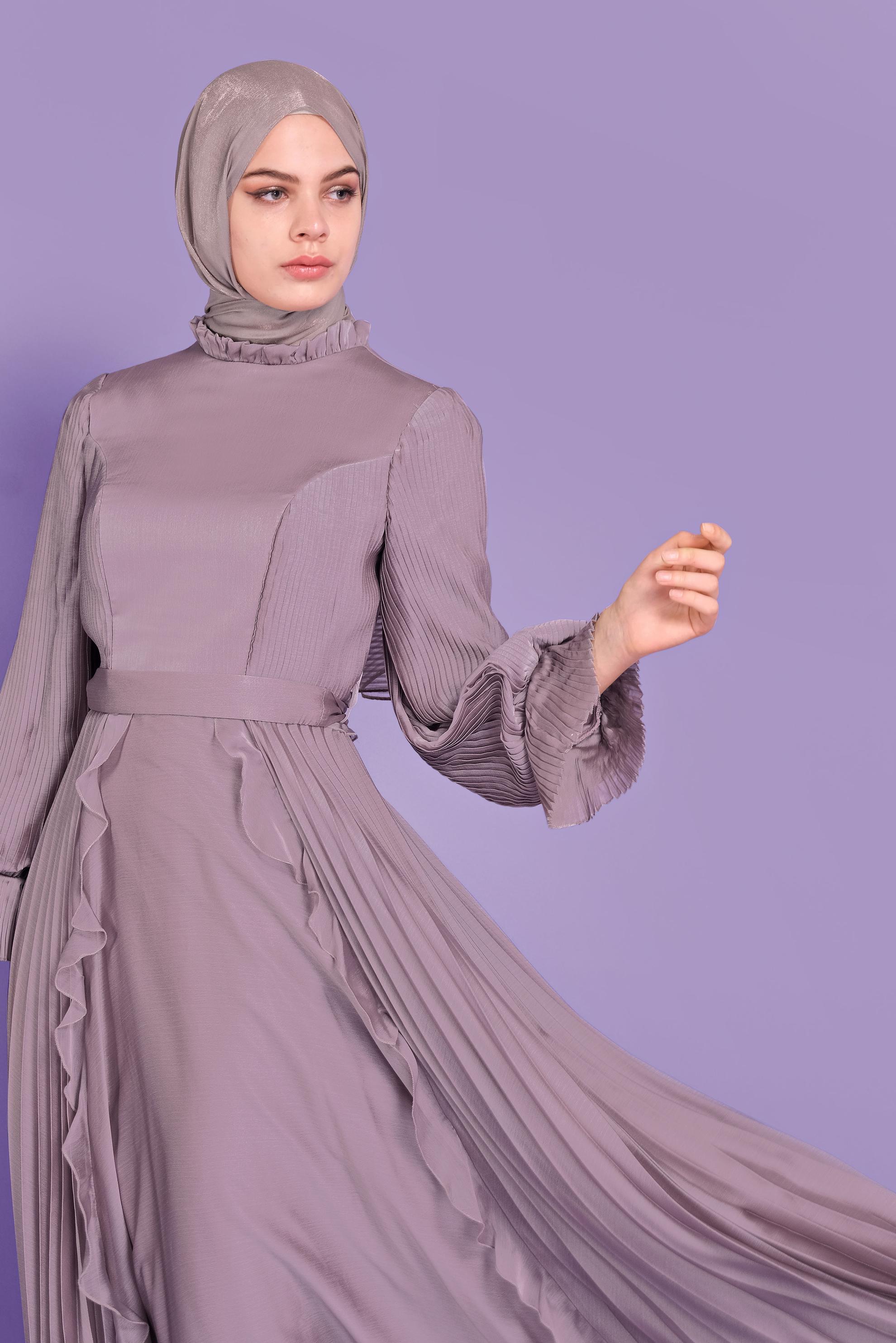 Tesettür giyim PEMBE PİLİSELİ ŞİFON ABİYE ELBİSE 50100