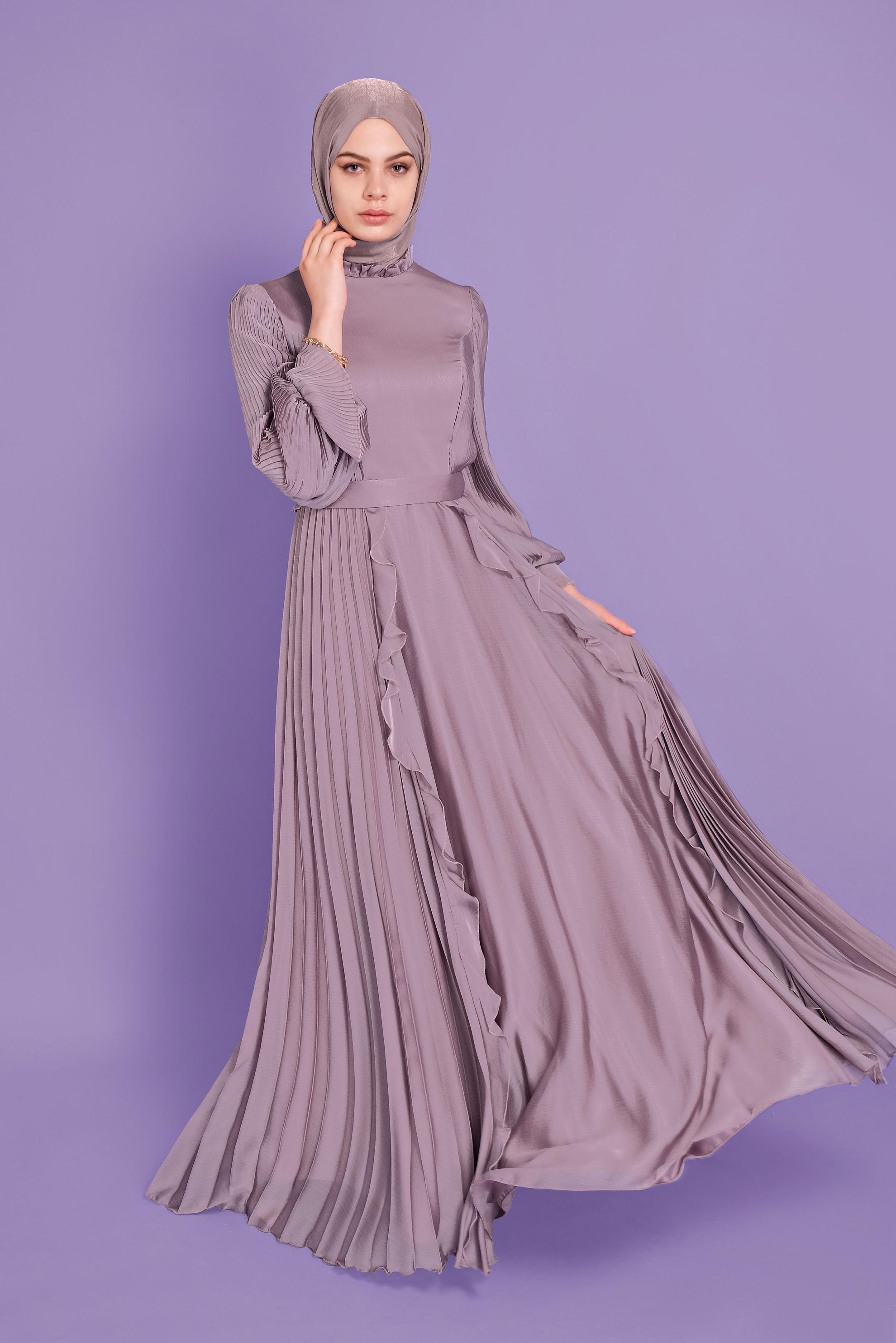 Tesettür giyim PEMBE PİLİSELİ ŞİFON ABİYE ELBİSE 50100