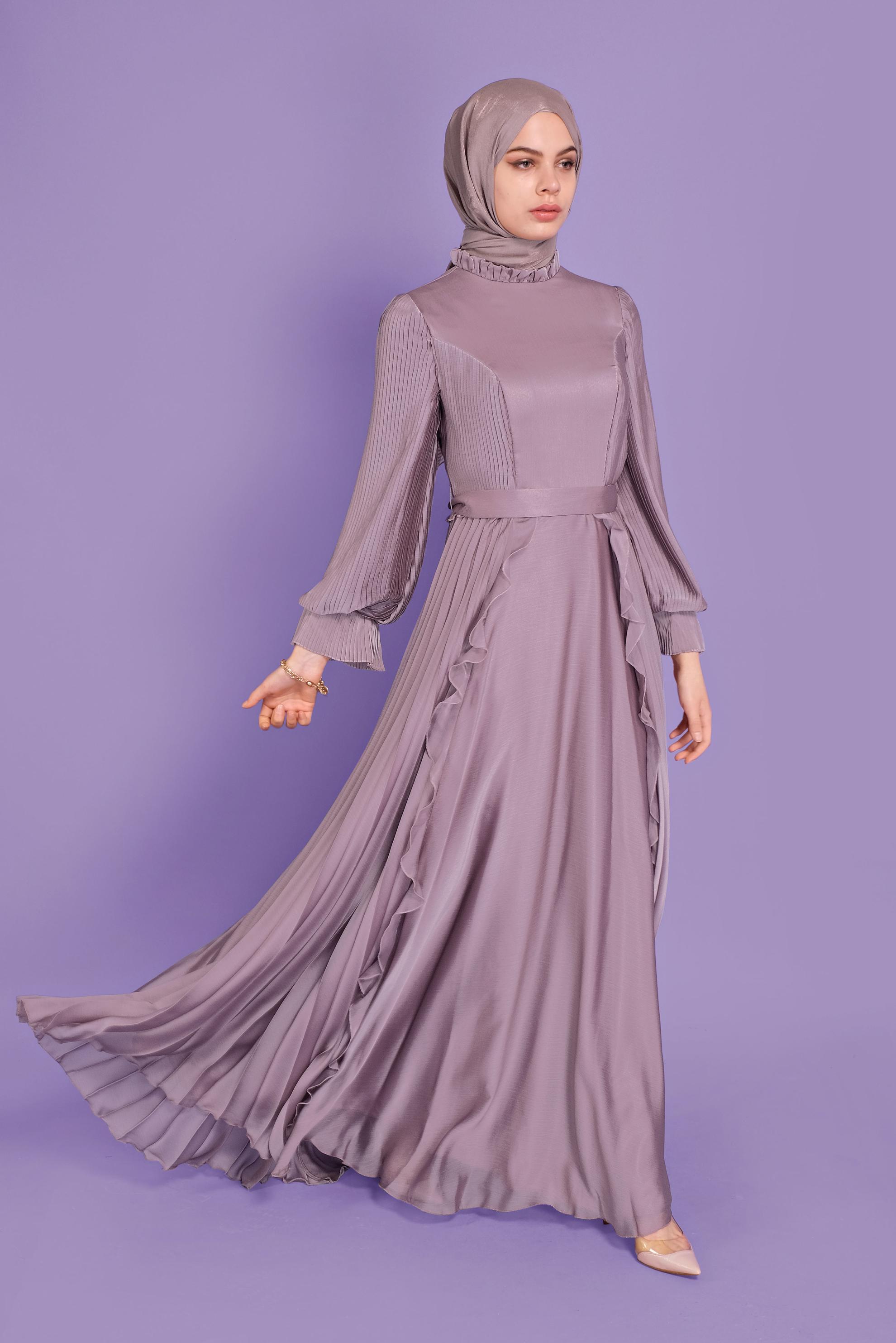 Tesettür giyim PEMBE PİLİSELİ ŞİFON ABİYE ELBİSE 50100