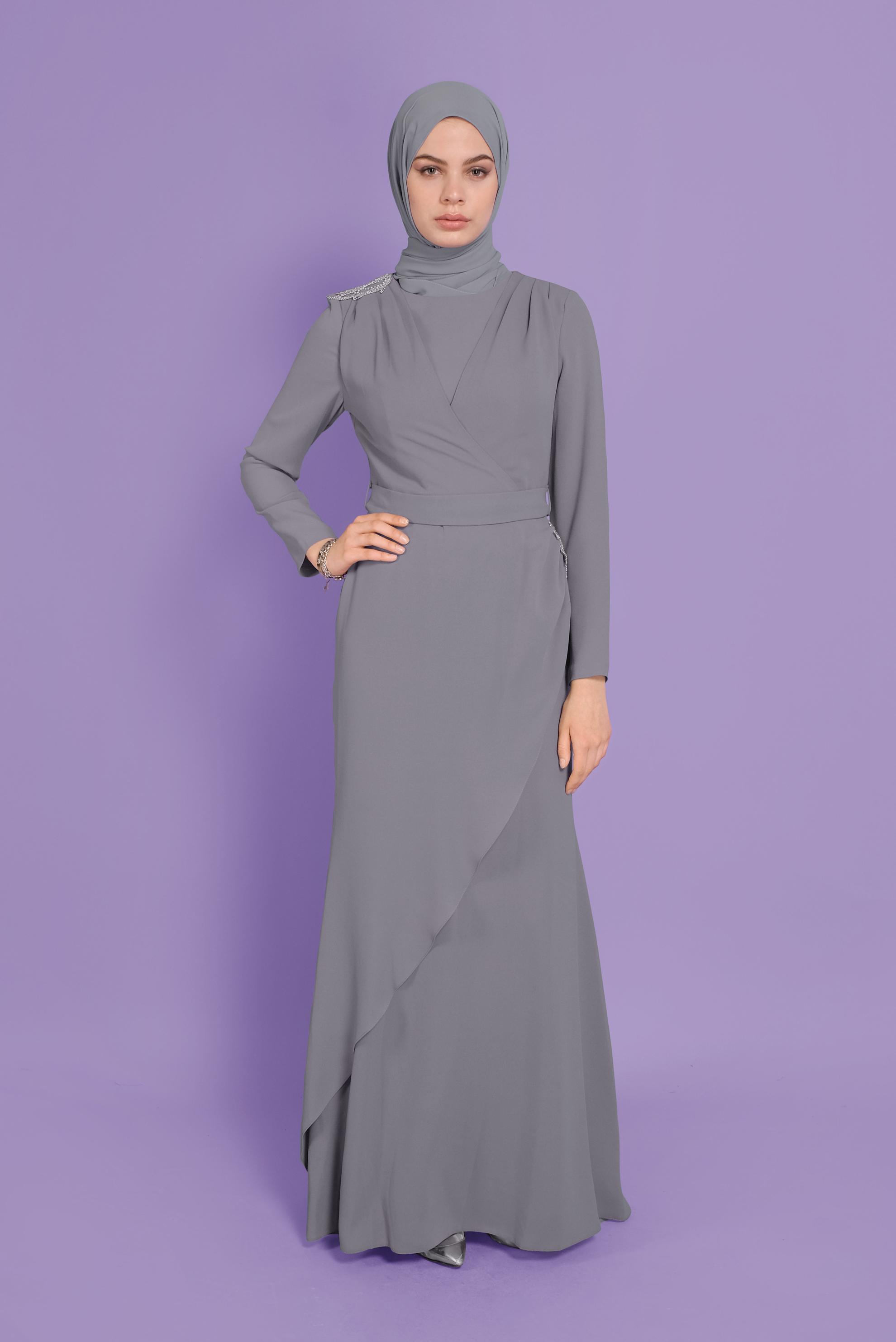 Tesettür giyim GÜMÜŞ KRUVAZE KREP ABİYE ELBİSE 50101