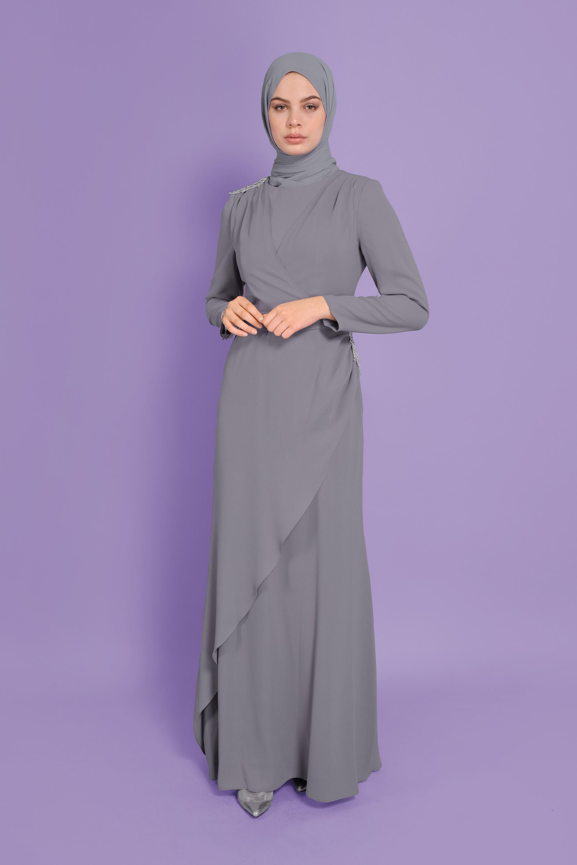 Tesettür giyim GÜMÜŞ KRUVAZE KREP ABİYE ELBİSE 50101