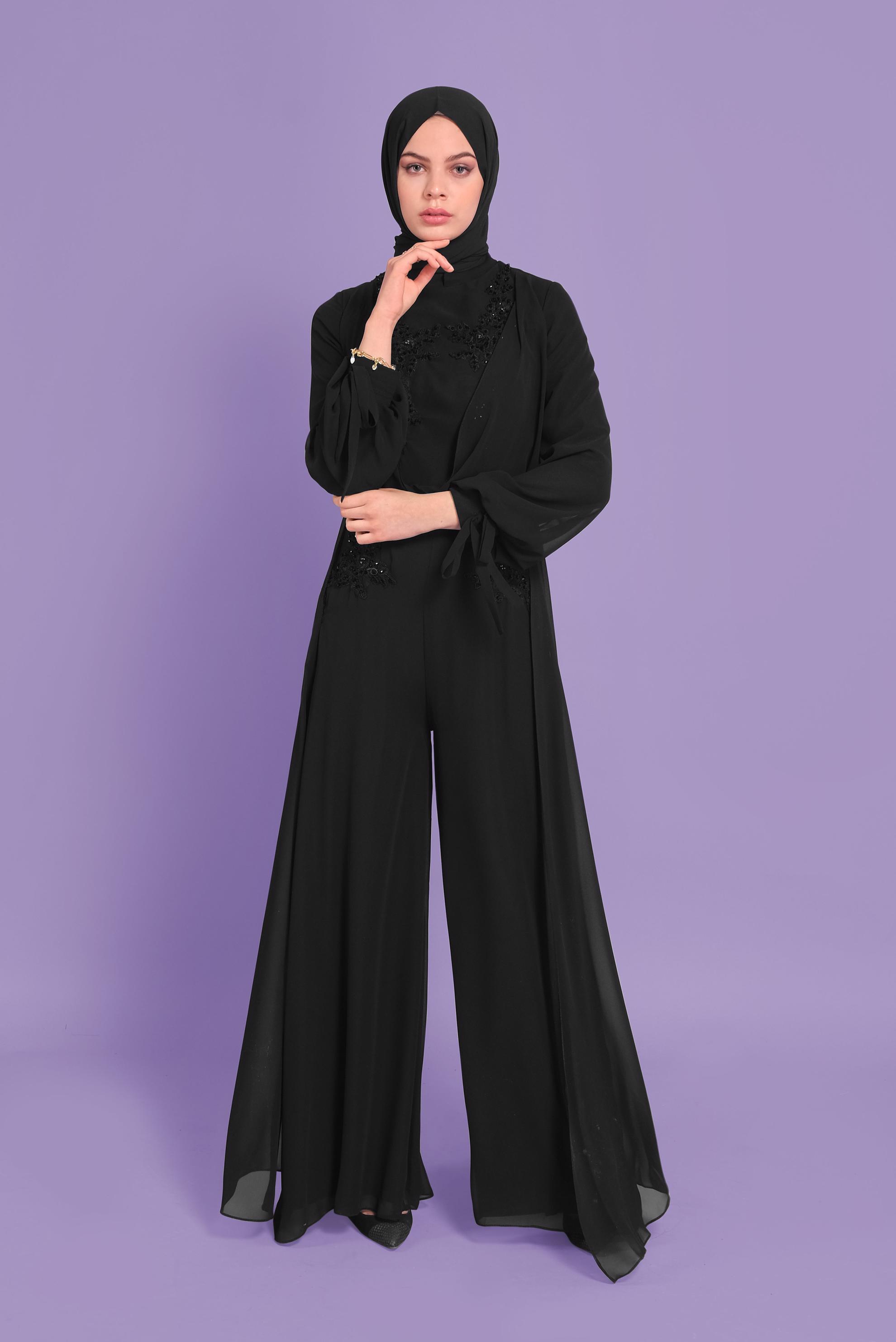 Tesettür giyim SİYAH NAKIŞLI ŞİFON ABİYE 50104 