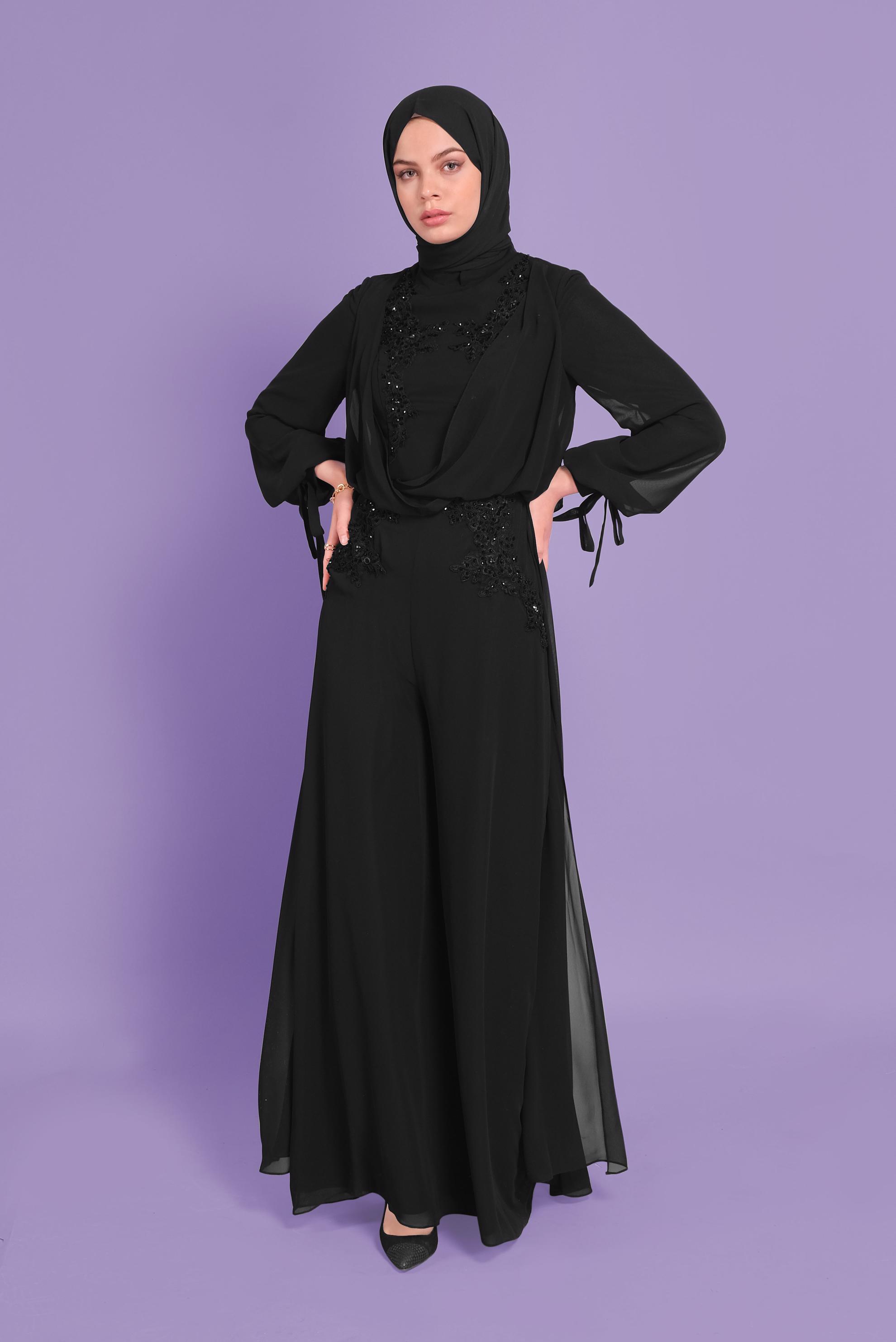 Tesettür giyim SİYAH NAKIŞLI ŞİFON ABİYE 50104 