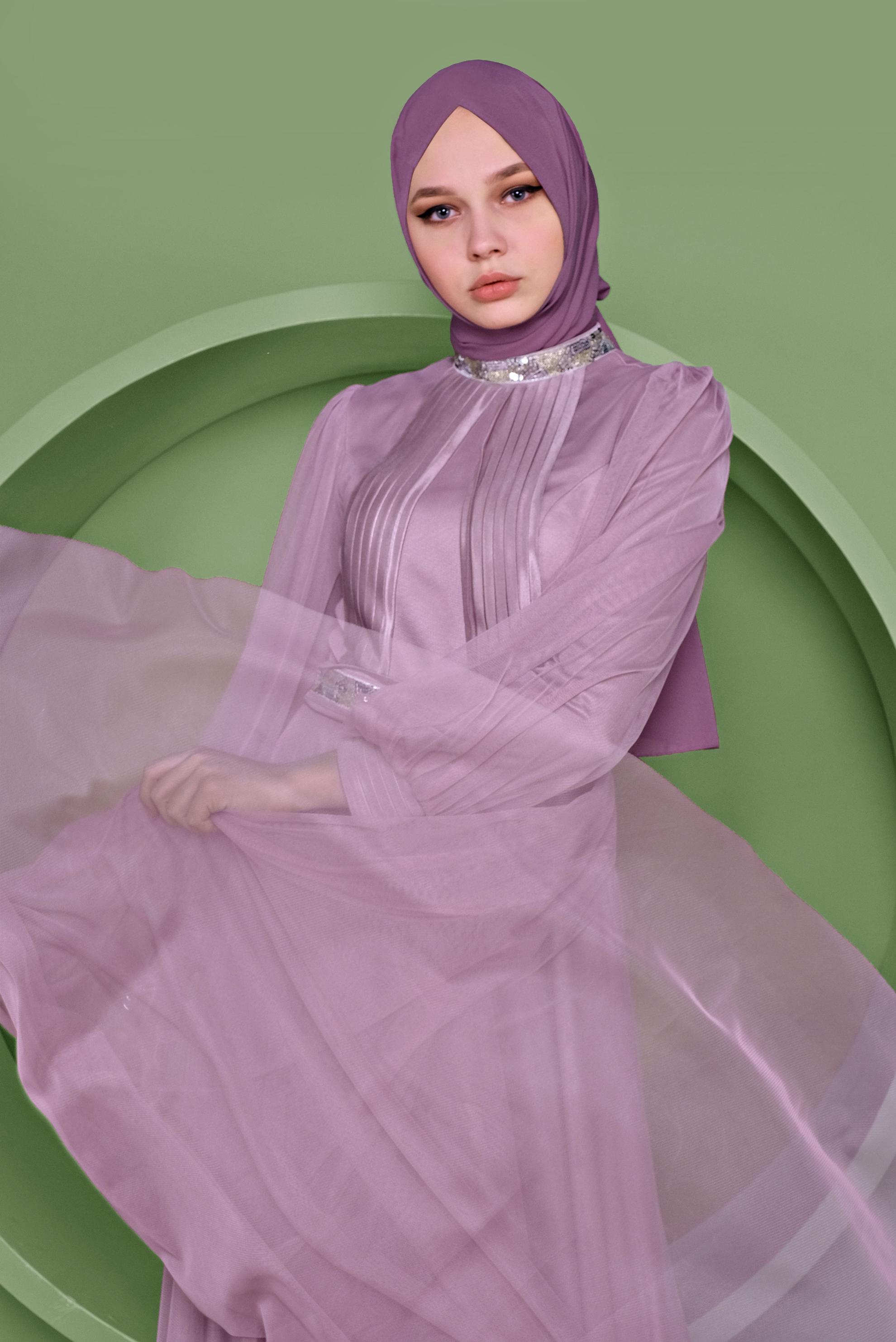 Tesettür giyim MOR PUL PAYET DETAYLI ABİYE ELBİSE 50105