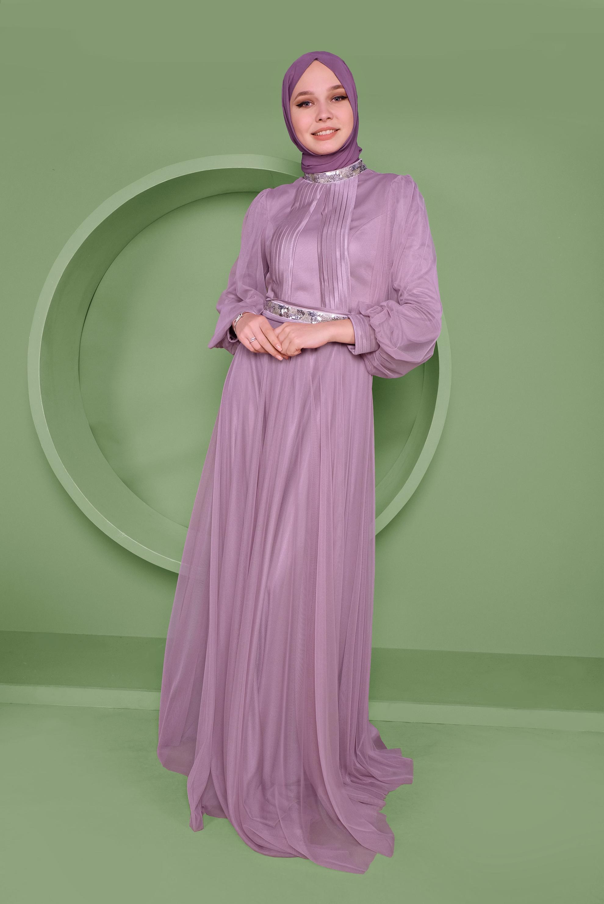 Tesettür giyim MOR PUL PAYET DETAYLI ABİYE ELBİSE 50105