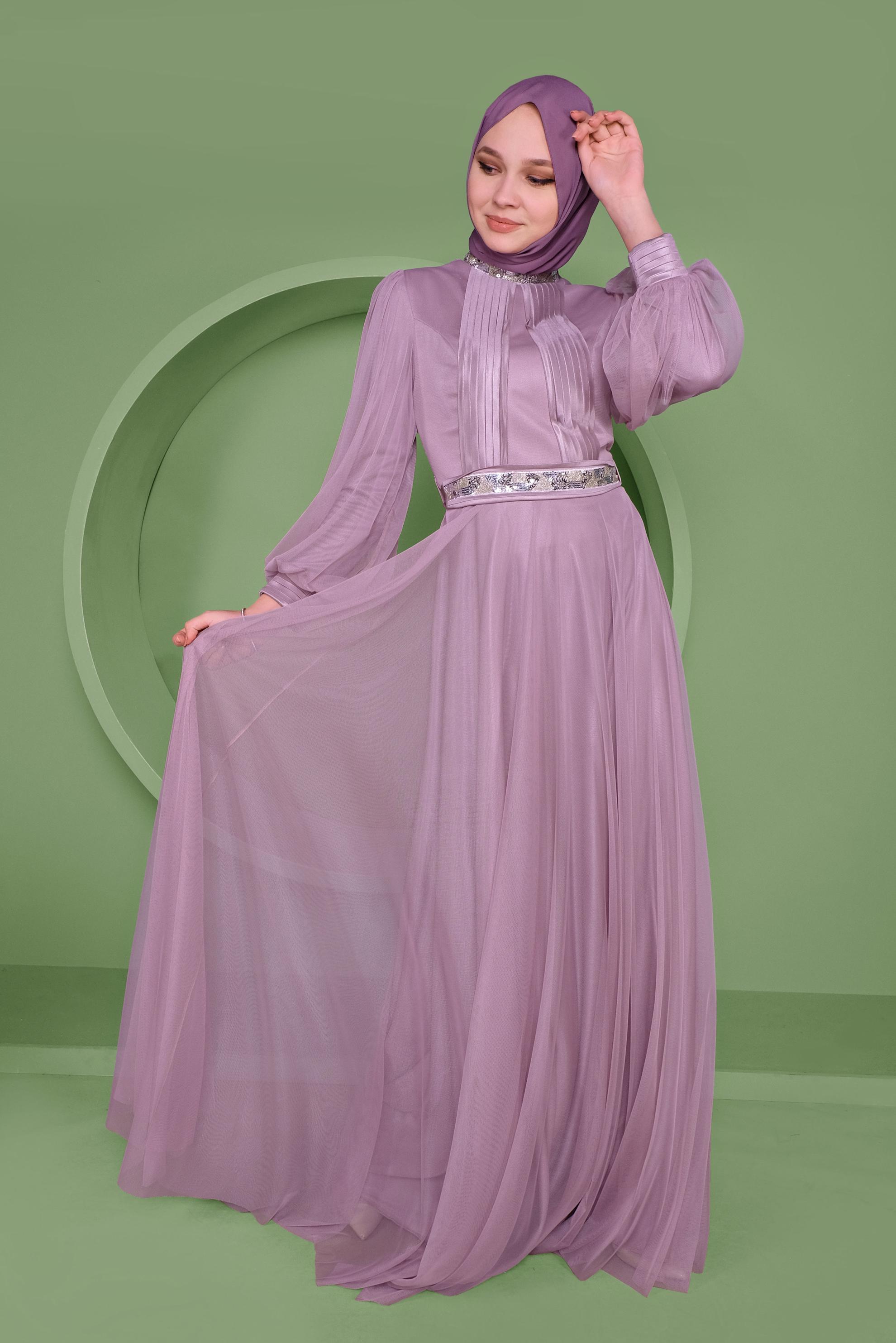 Tesettür giyim MOR PUL PAYET DETAYLI ABİYE ELBİSE 50105