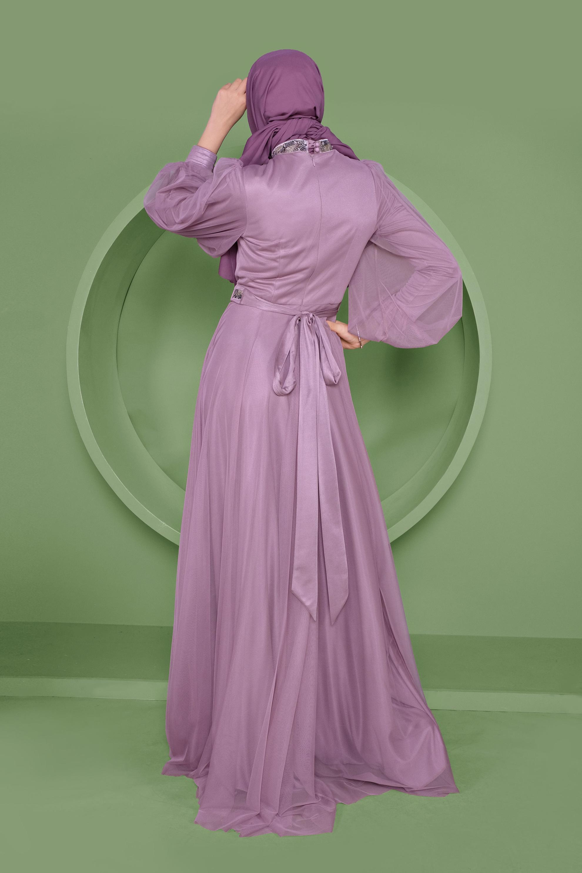 Tesettür giyim MOR PUL PAYET DETAYLI ABİYE ELBİSE 50105