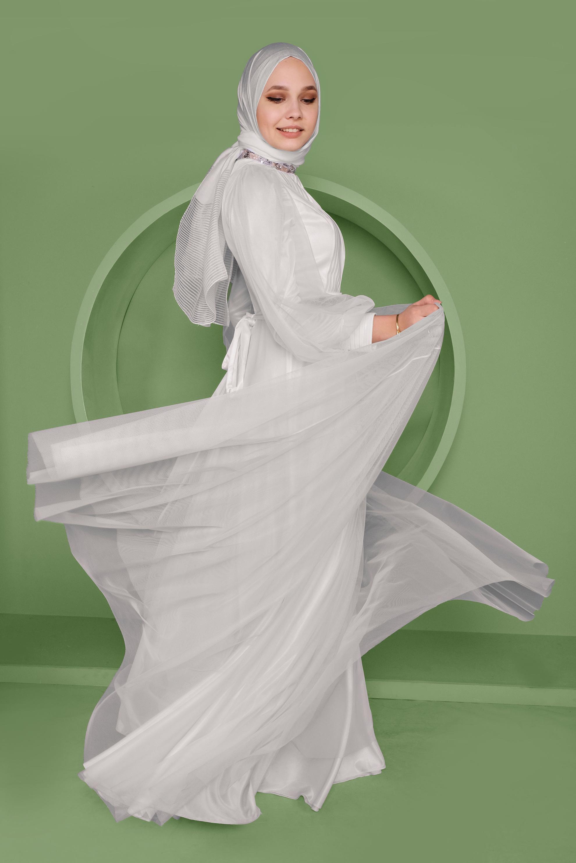 Tesettür giyim EKRU PUL PAYET DETAYLI ABİYE ELBİSE 50105