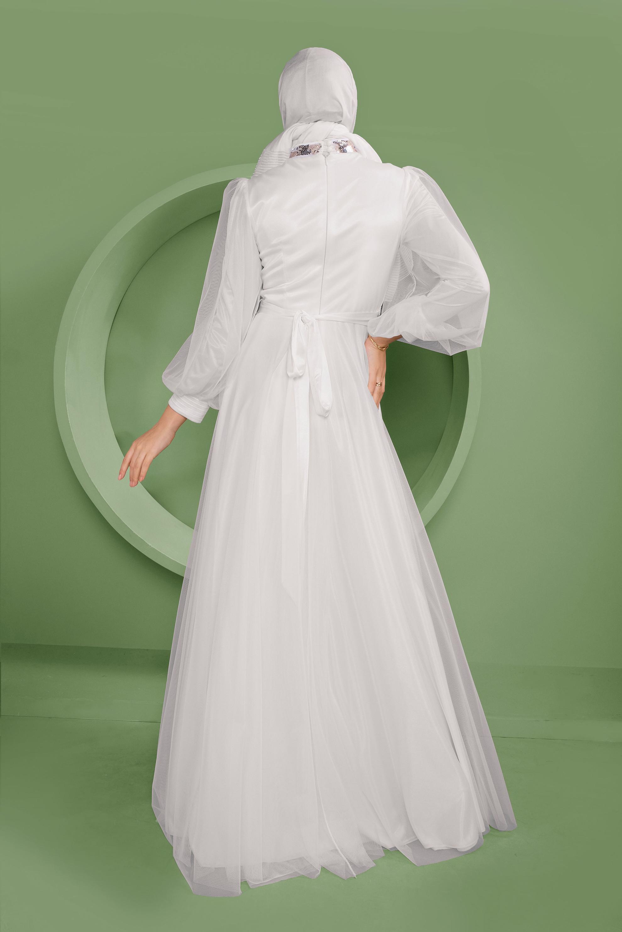 Tesettür giyim EKRU PUL PAYET DETAYLI ABİYE ELBİSE 50105