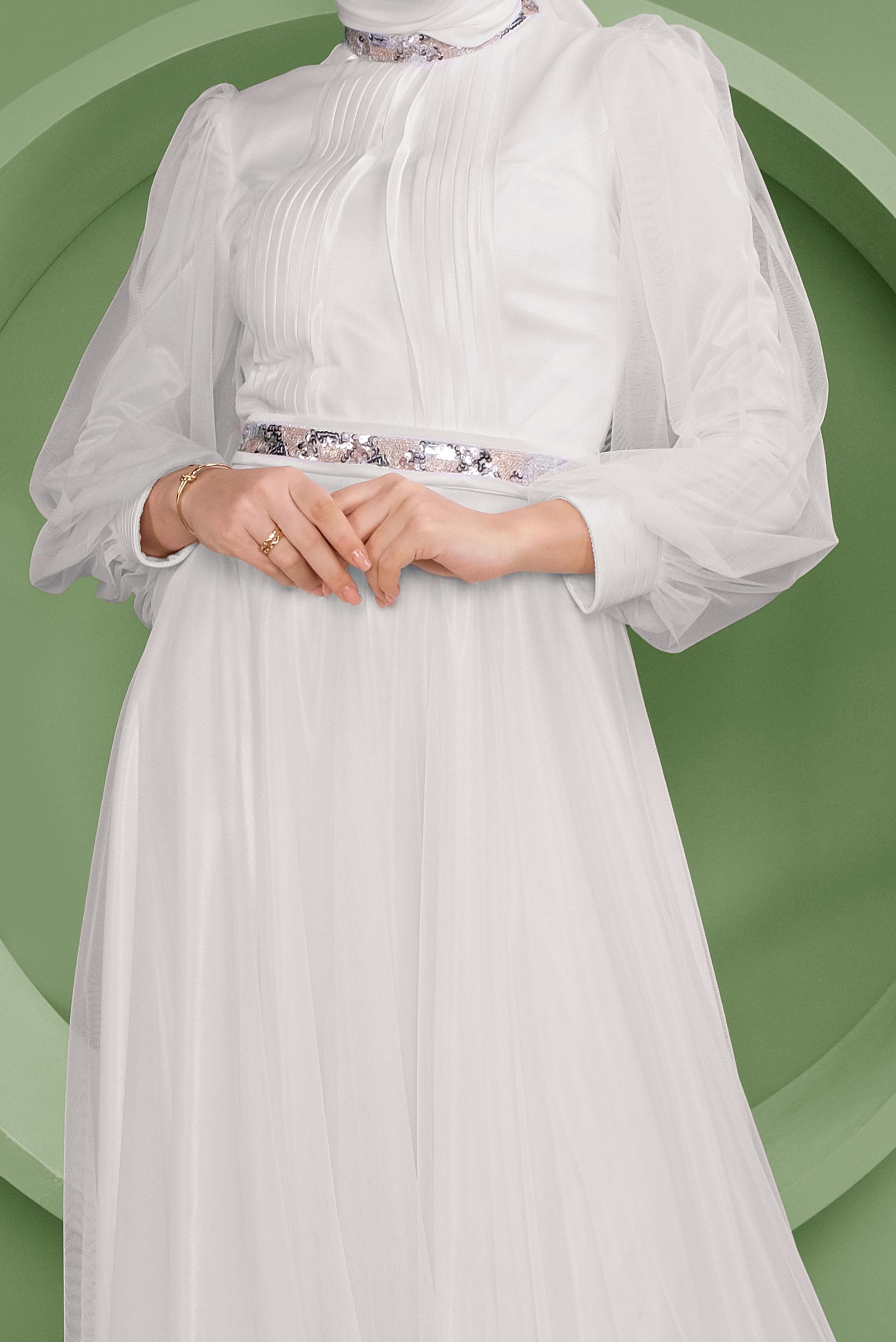 Tesettür giyim EKRU PUL PAYET DETAYLI ABİYE ELBİSE 50105