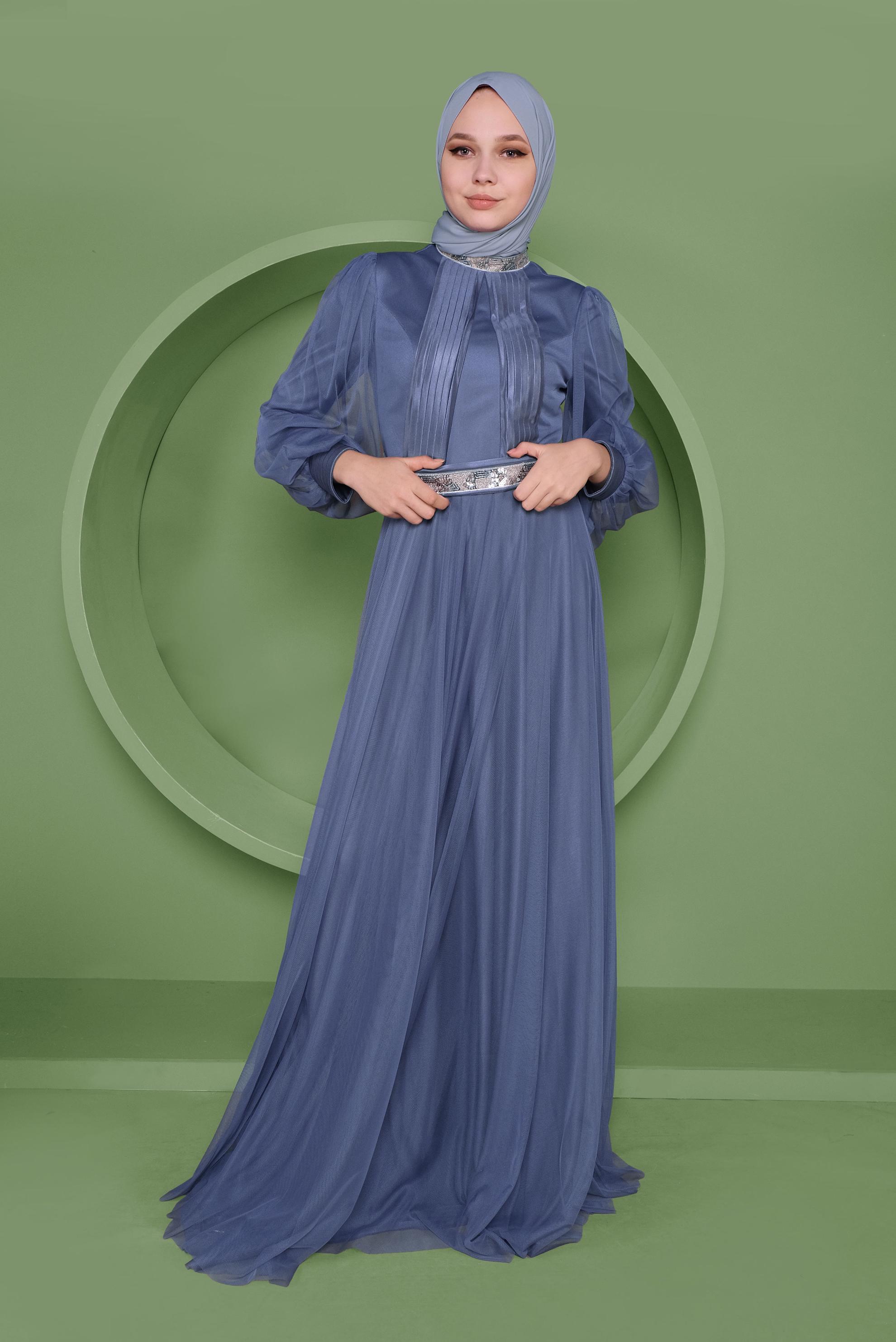 Tesettür giyim LACİVERT PUL PAYET DETAYLI ABİYE ELBİSE 50105