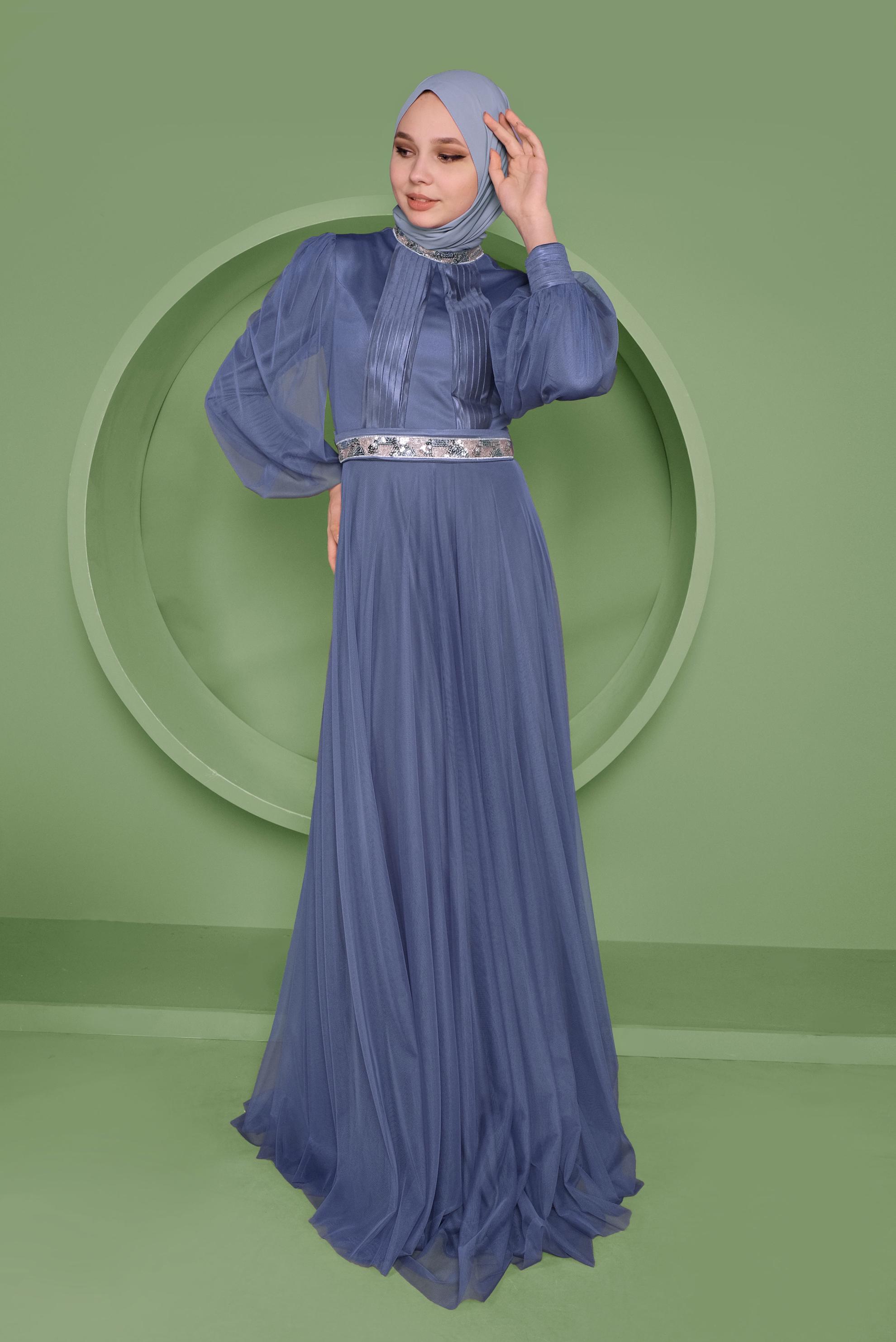 Tesettür giyim LACİVERT PUL PAYET DETAYLI ABİYE ELBİSE 50105