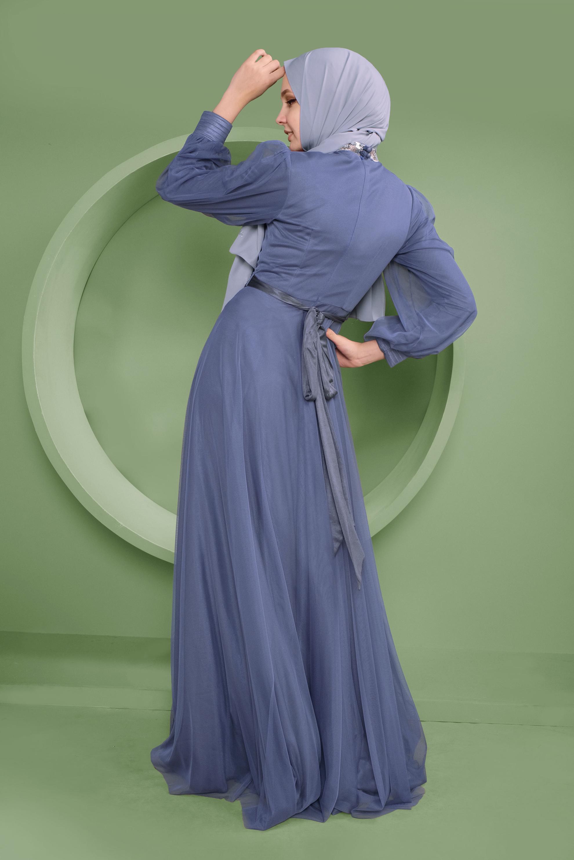 Tesettür giyim LACİVERT PUL PAYET DETAYLI ABİYE ELBİSE 50105