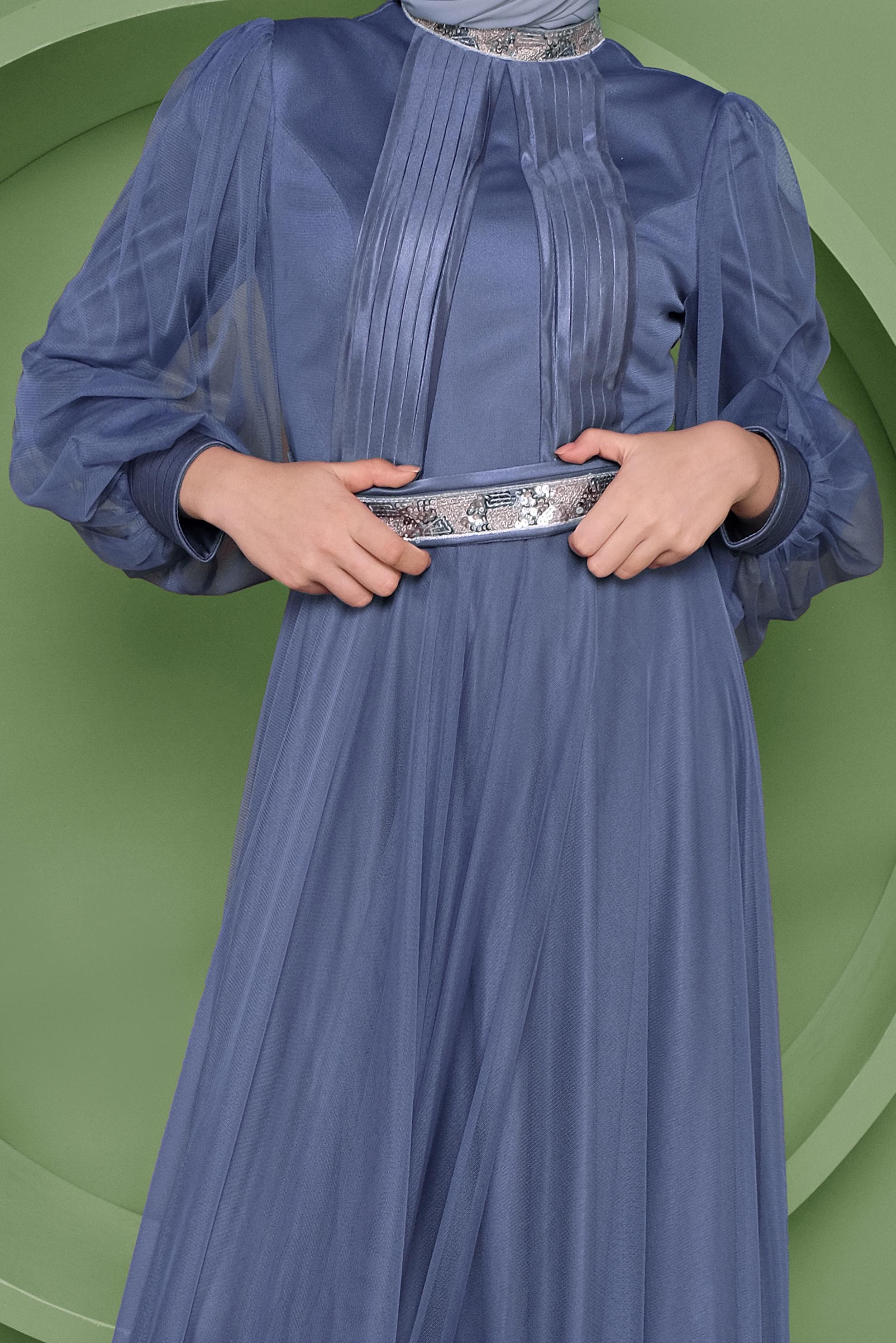 Tesettür giyim LACİVERT PUL PAYET DETAYLI ABİYE ELBİSE 50105