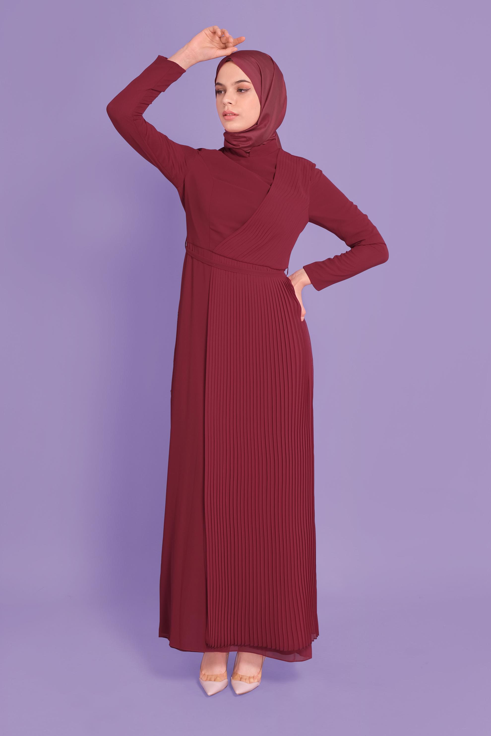 Tesettür giyim BORDO HAKİM YAKA ŞİFON ABİYE 50108 