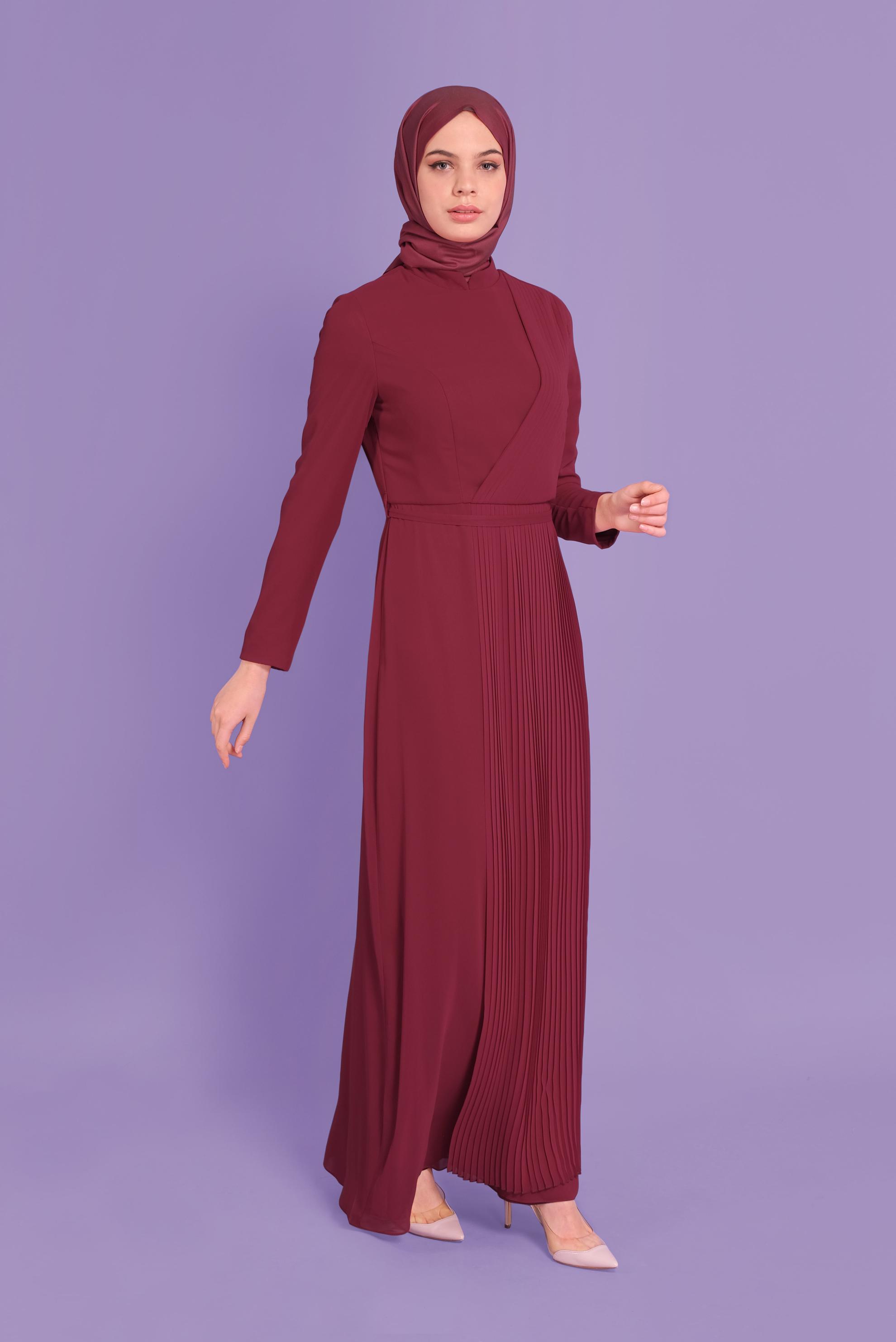 Tesettür giyim BORDO HAKİM YAKA ŞİFON ABİYE 50108 