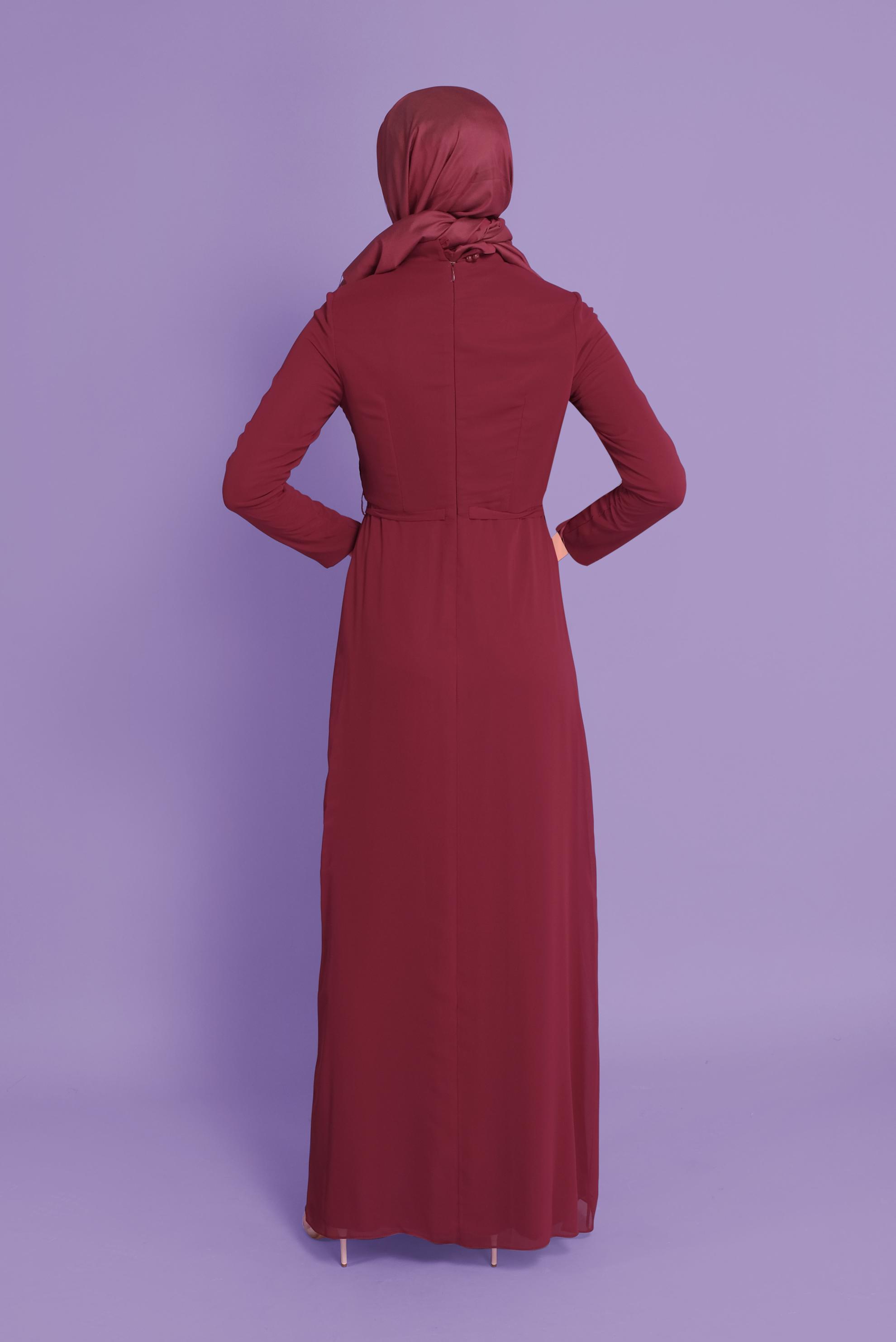 Tesettür giyim BORDO HAKİM YAKA ŞİFON ABİYE 50108 