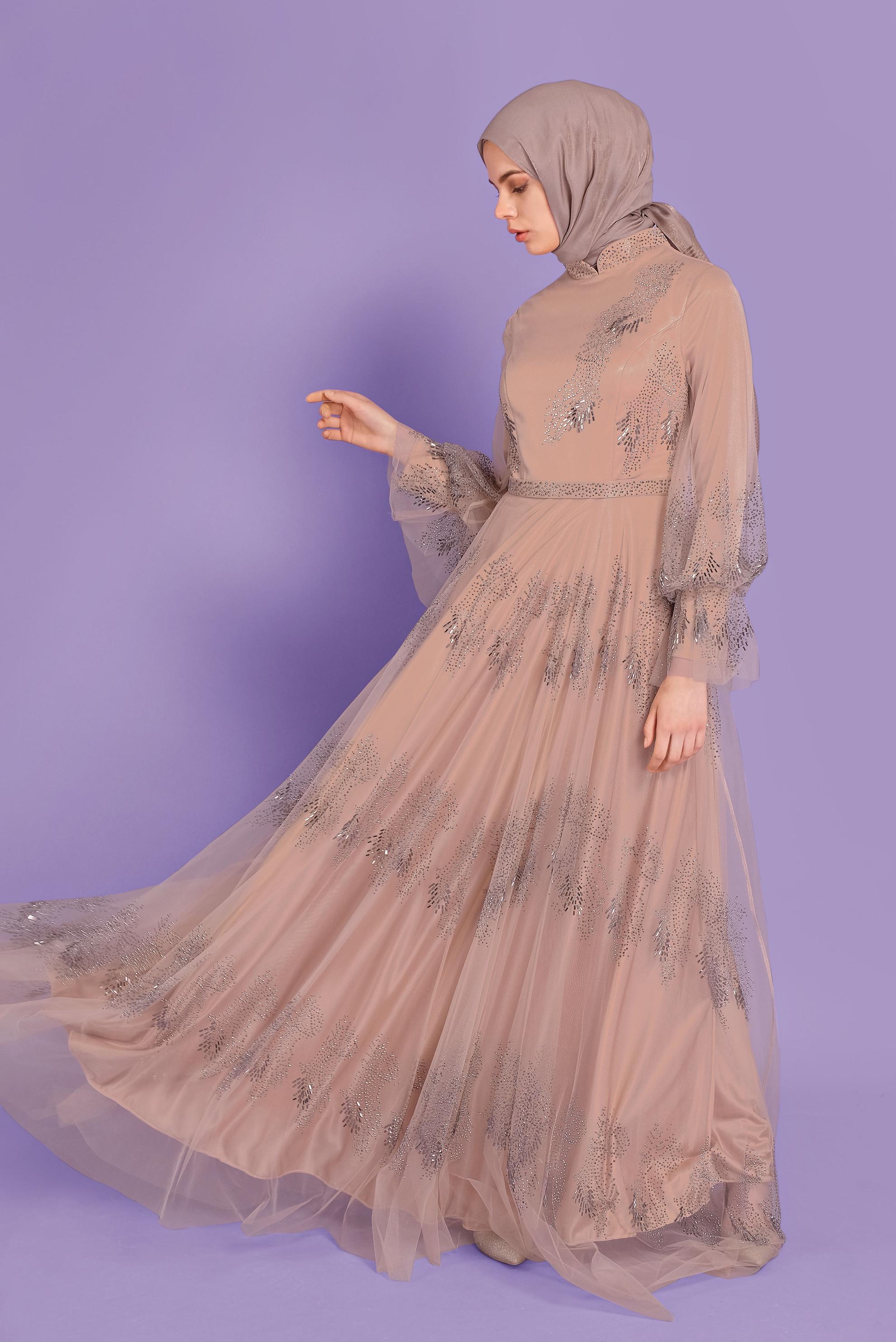 Tesettür giyim BAKIR / BRONZ TAŞ BASKILI TÜL ABİYE ELBİSE 50109