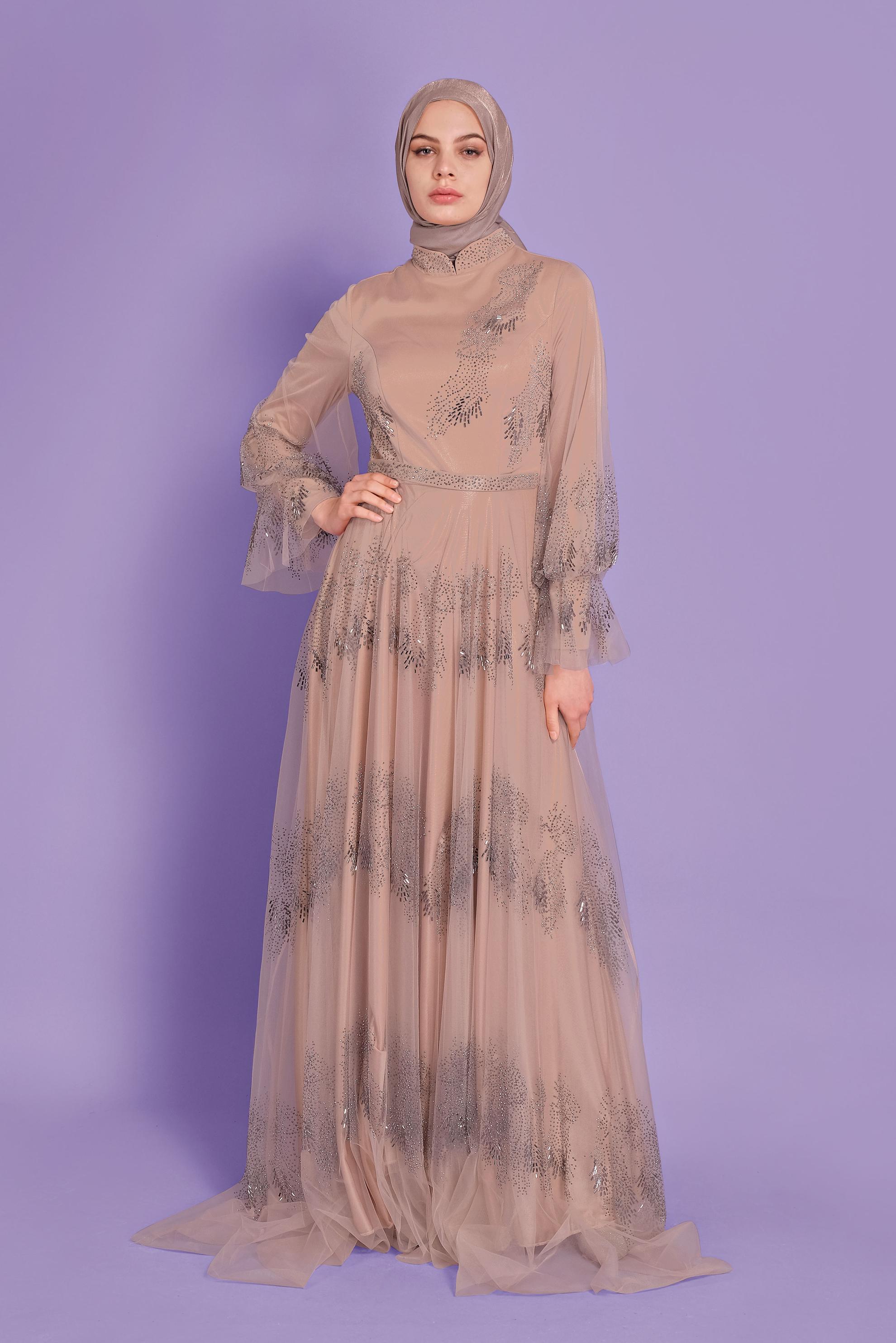 Tesettür giyim BAKIR / BRONZ TAŞ BASKILI TÜL ABİYE ELBİSE 50109