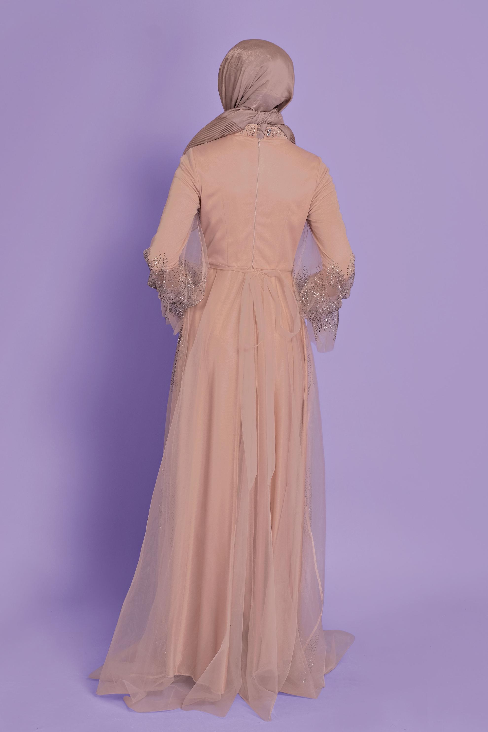 Tesettür giyim BAKIR / BRONZ TAŞ BASKILI TÜL ABİYE ELBİSE 50109