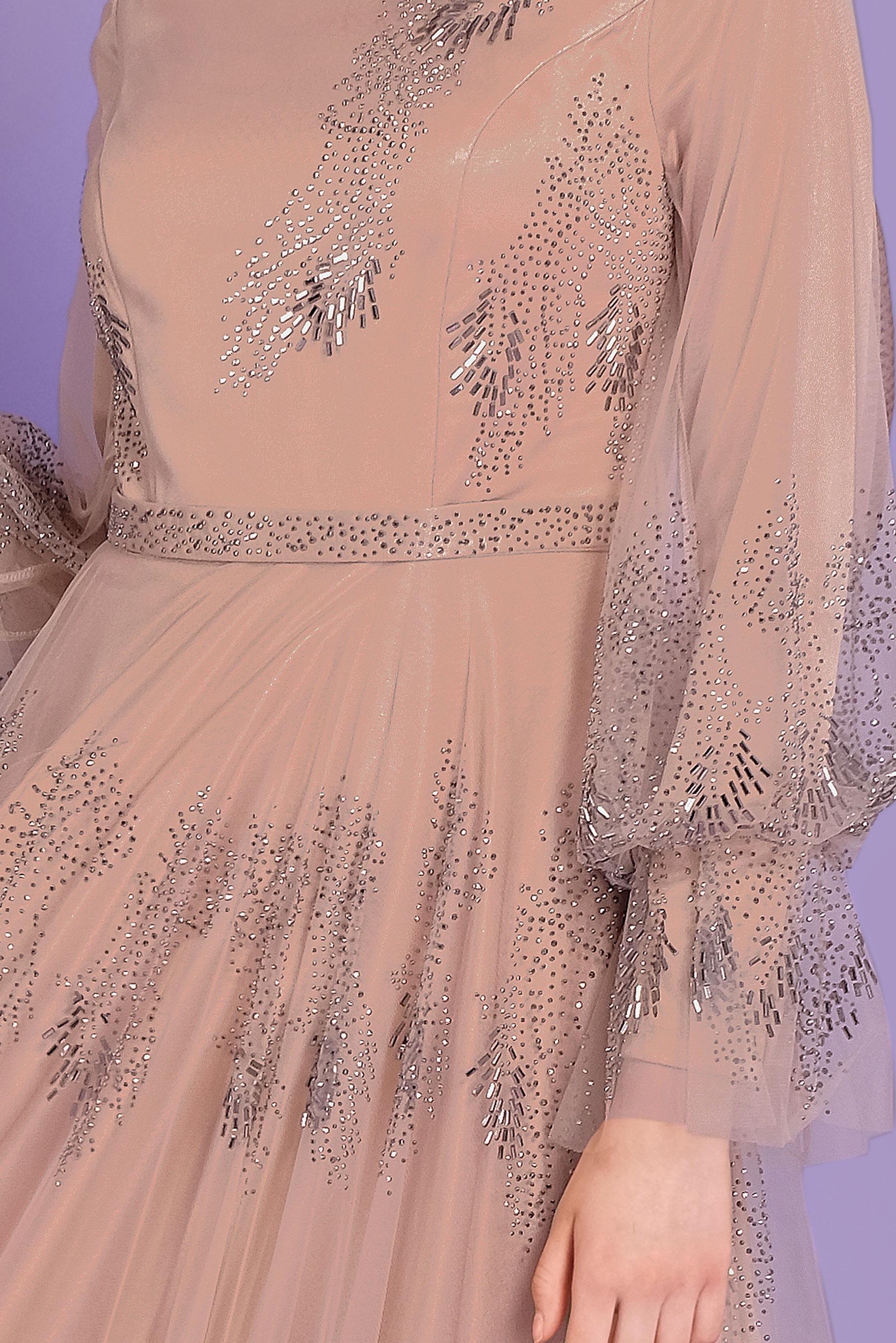 Tesettür giyim BAKIR / BRONZ TAŞ BASKILI TÜL ABİYE ELBİSE 50109