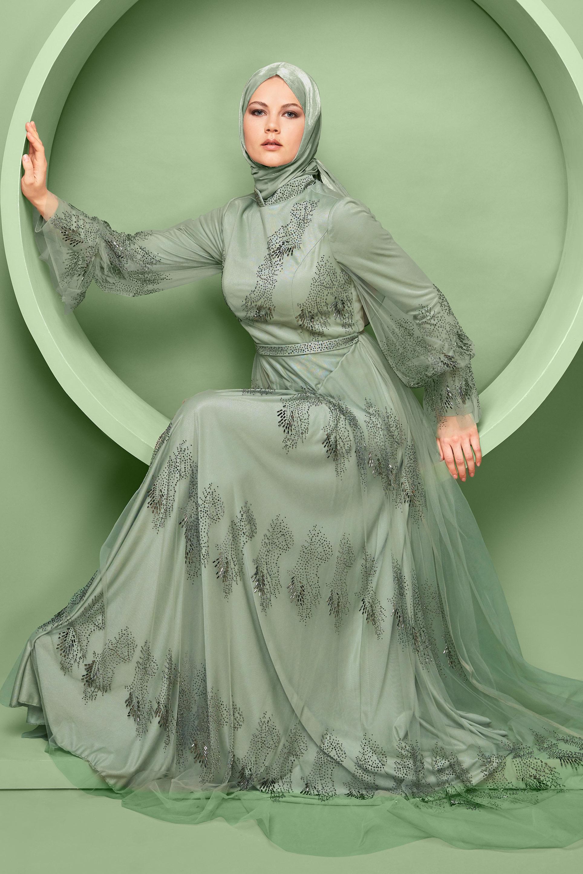 Hijab clothing GREEN STONE PRINTED TULLE EVENING DRESS  50109 