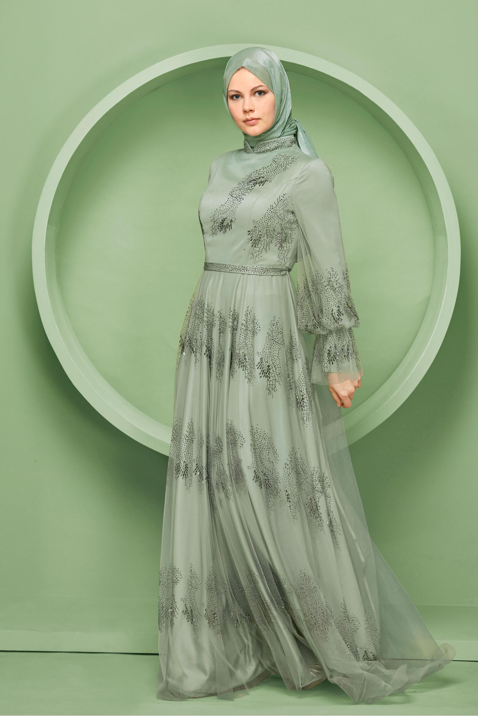 Hijab clothing GREEN STONE PRINTED TULLE EVENING DRESS  50109 