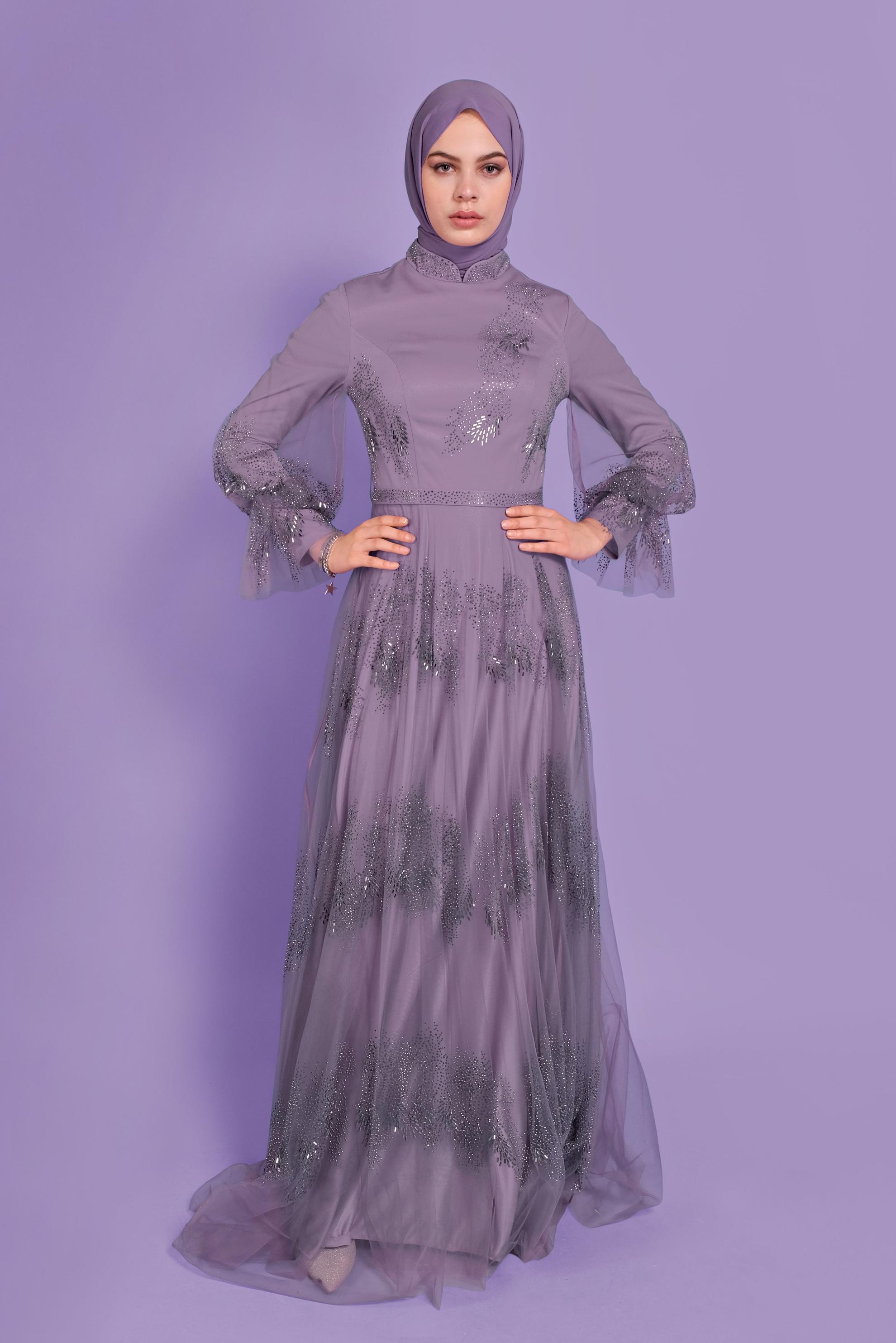 Tesettür giyim PEMBE TAŞ BASKILI TÜL ABİYE ELBİSE 50109