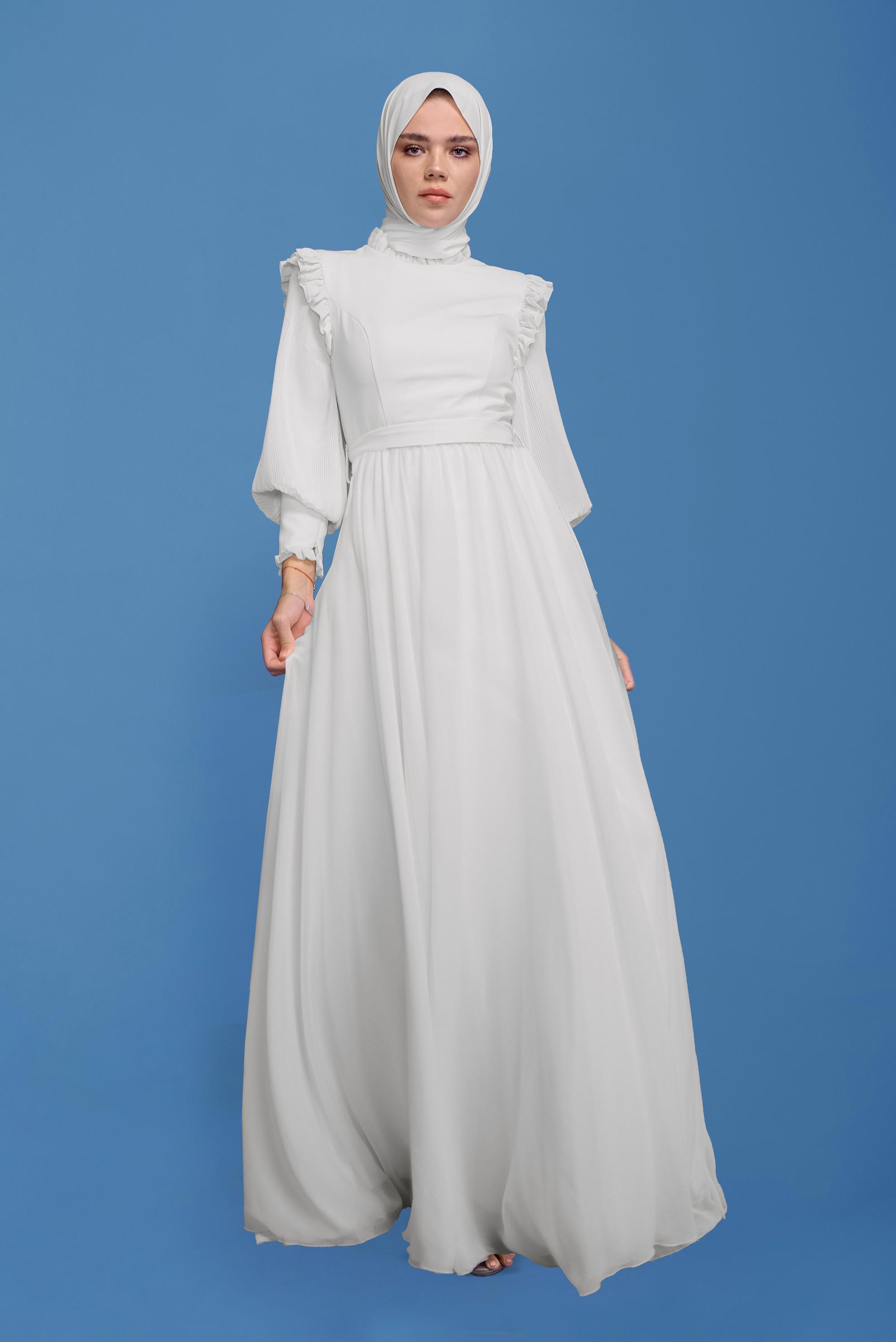 Hijab clothing WHITE BALLOON SLEEVE BELTED CHIFFON EVENING DRESS 50110 