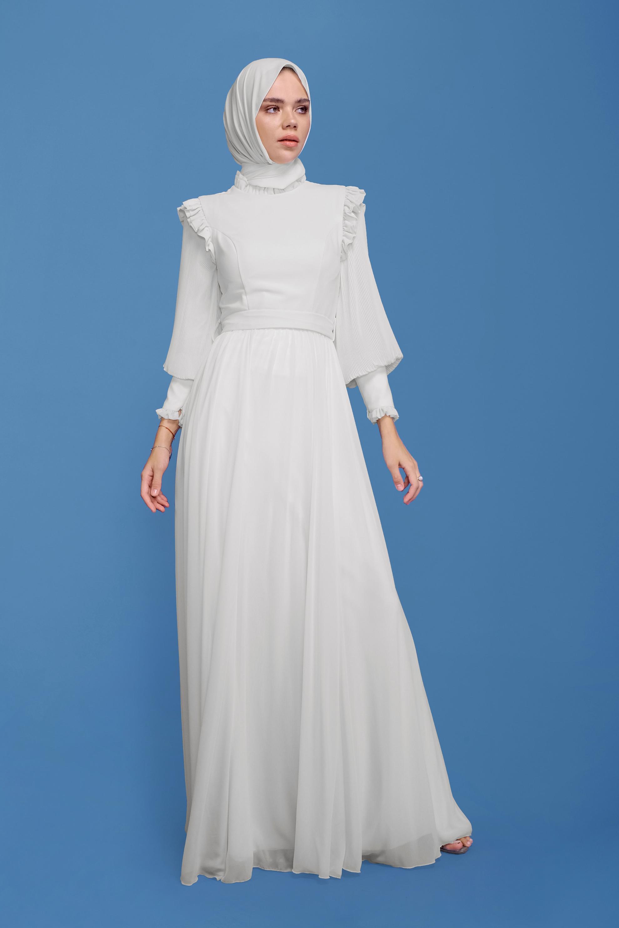 Hijab clothing WHITE BALLOON SLEEVE BELTED CHIFFON EVENING DRESS 50110 