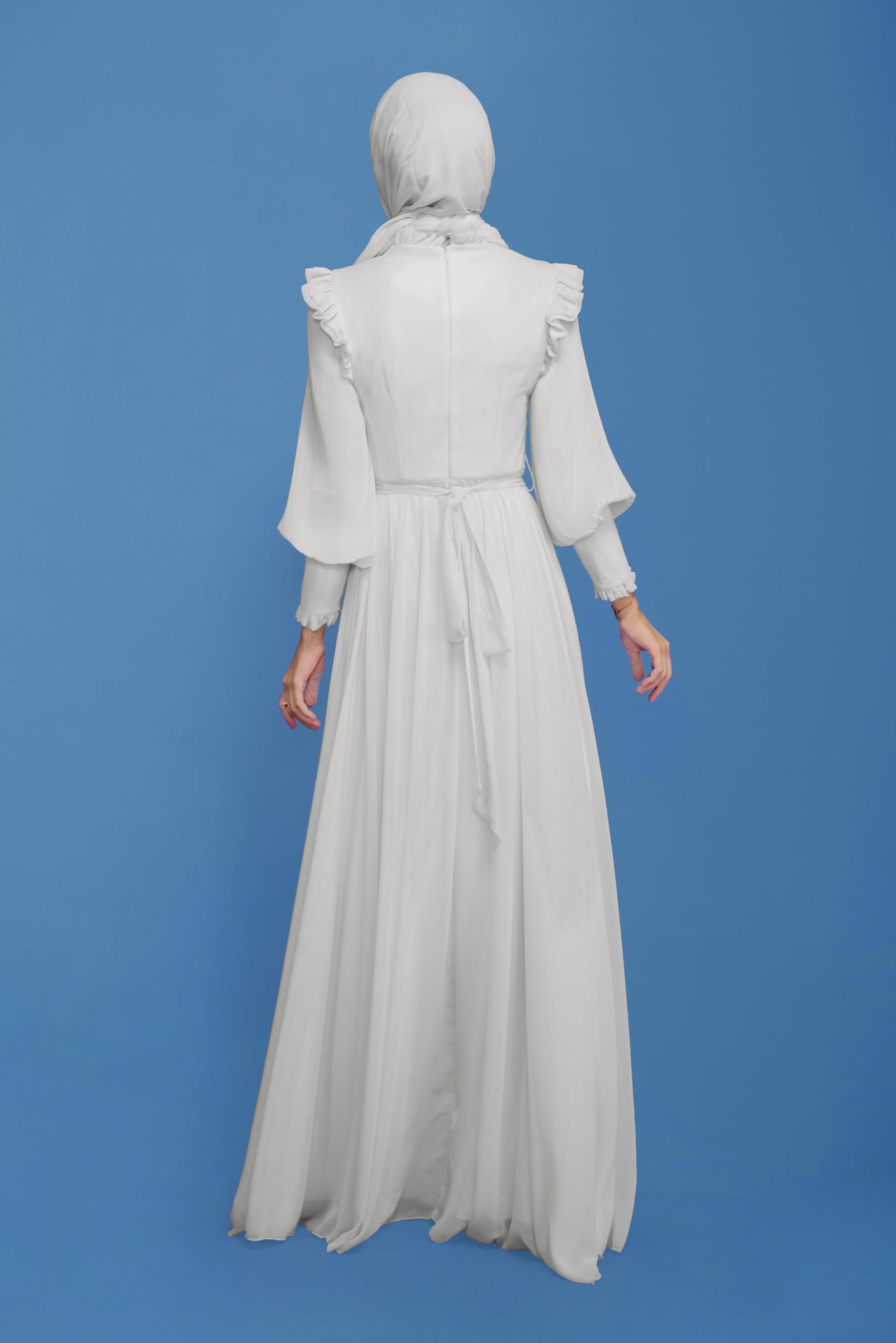 Hijab clothing WHITE BALLOON SLEEVE BELTED CHIFFON EVENING DRESS 50110 